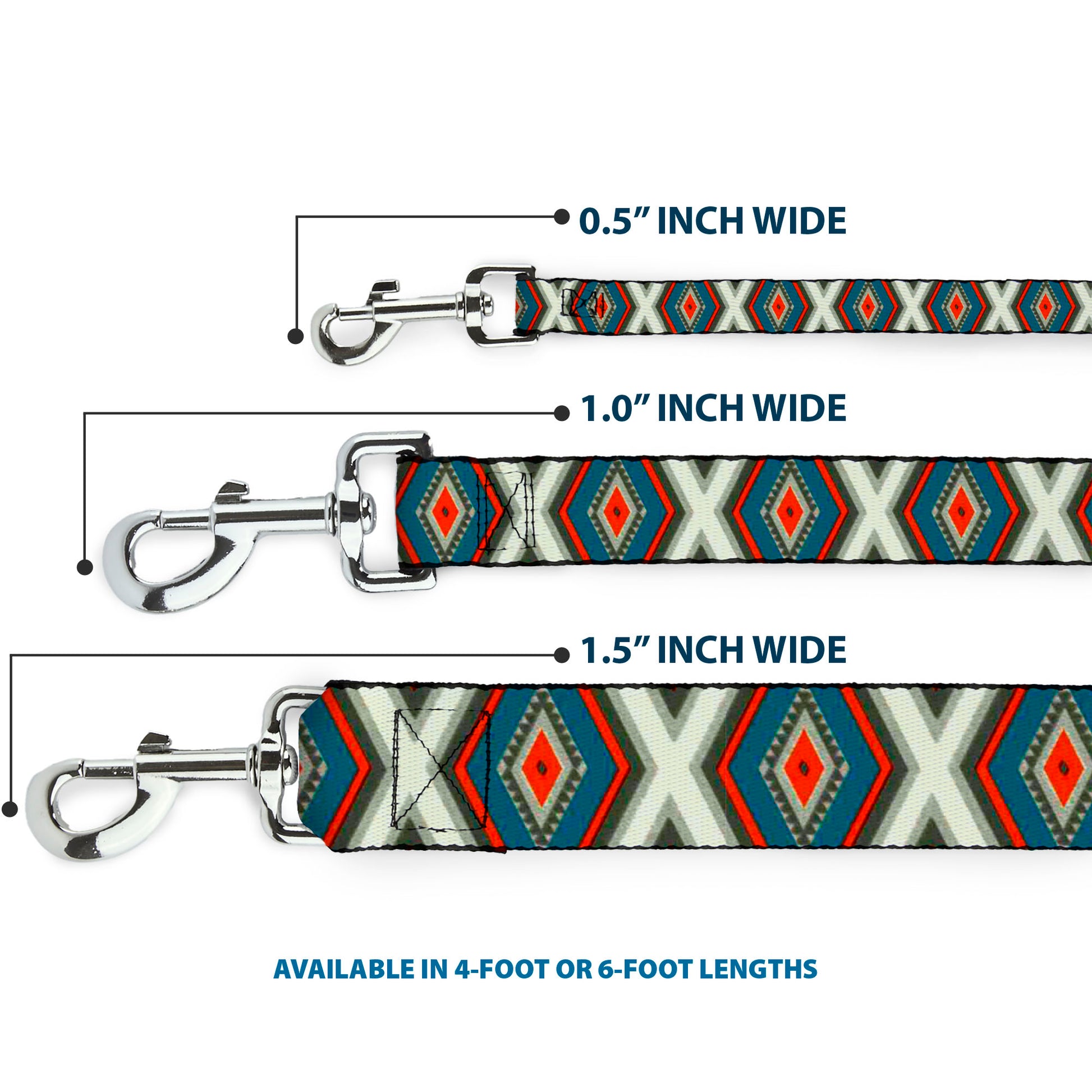 Dog Leash - Geometric Diamonds Grays/Red/Turquoise Dog Leashes Buckle-Down
