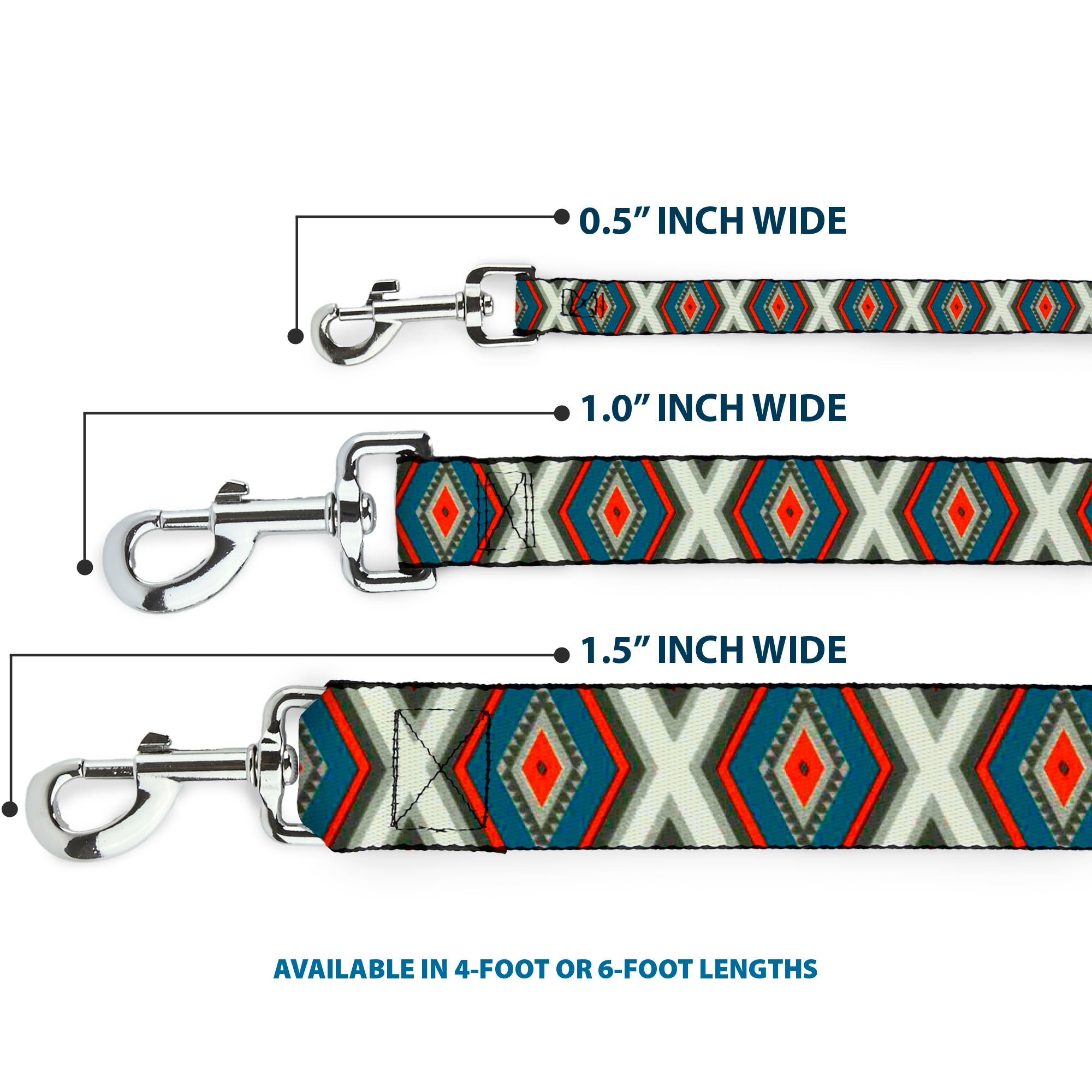 Dog Leash - Geometric Diamonds Grays/Red/Turquoise Dog Leashes Buckle-Down
