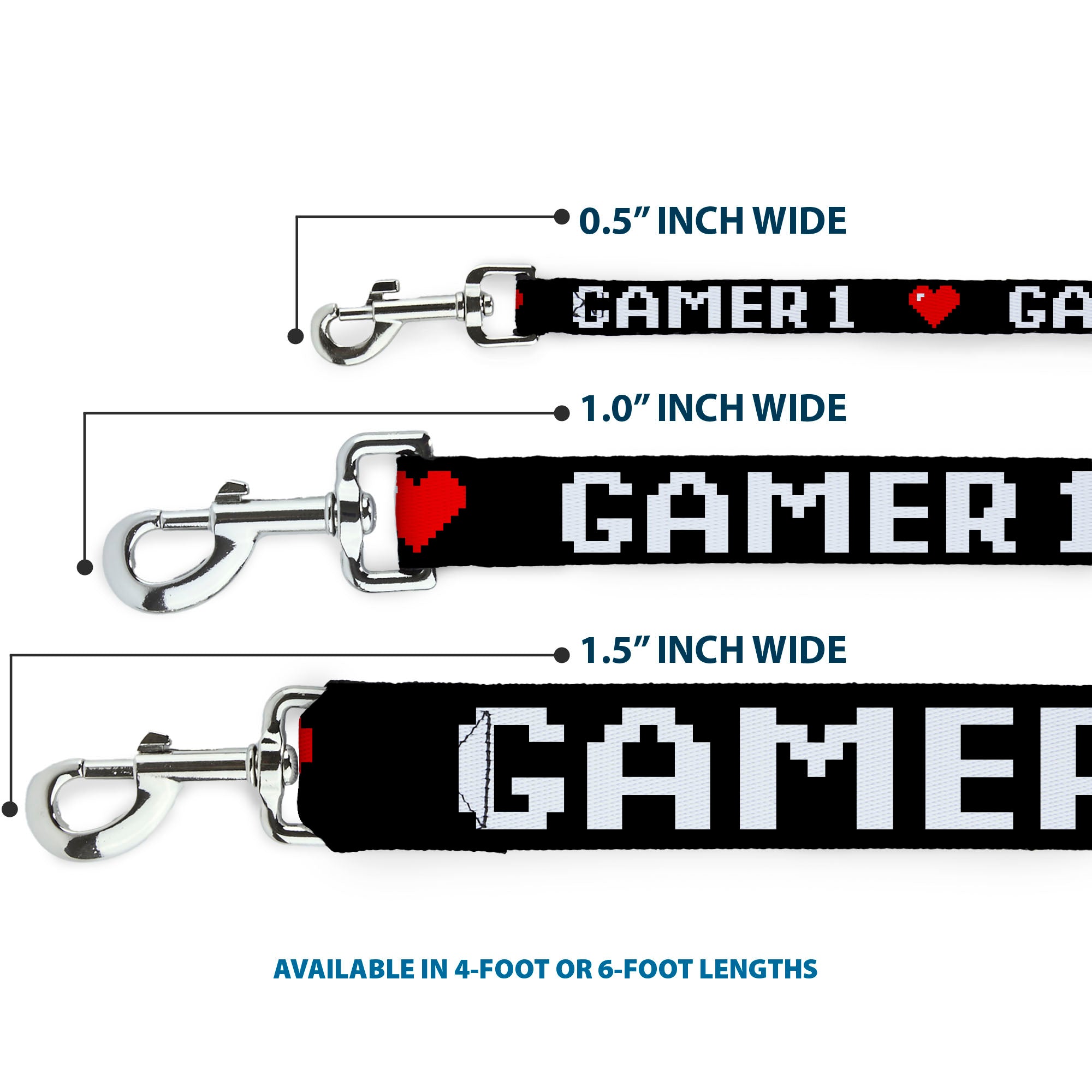 Dog Leash - GAMER 1/Heart 8-Bit Black/White/Red Dog Leashes Buckle-Down