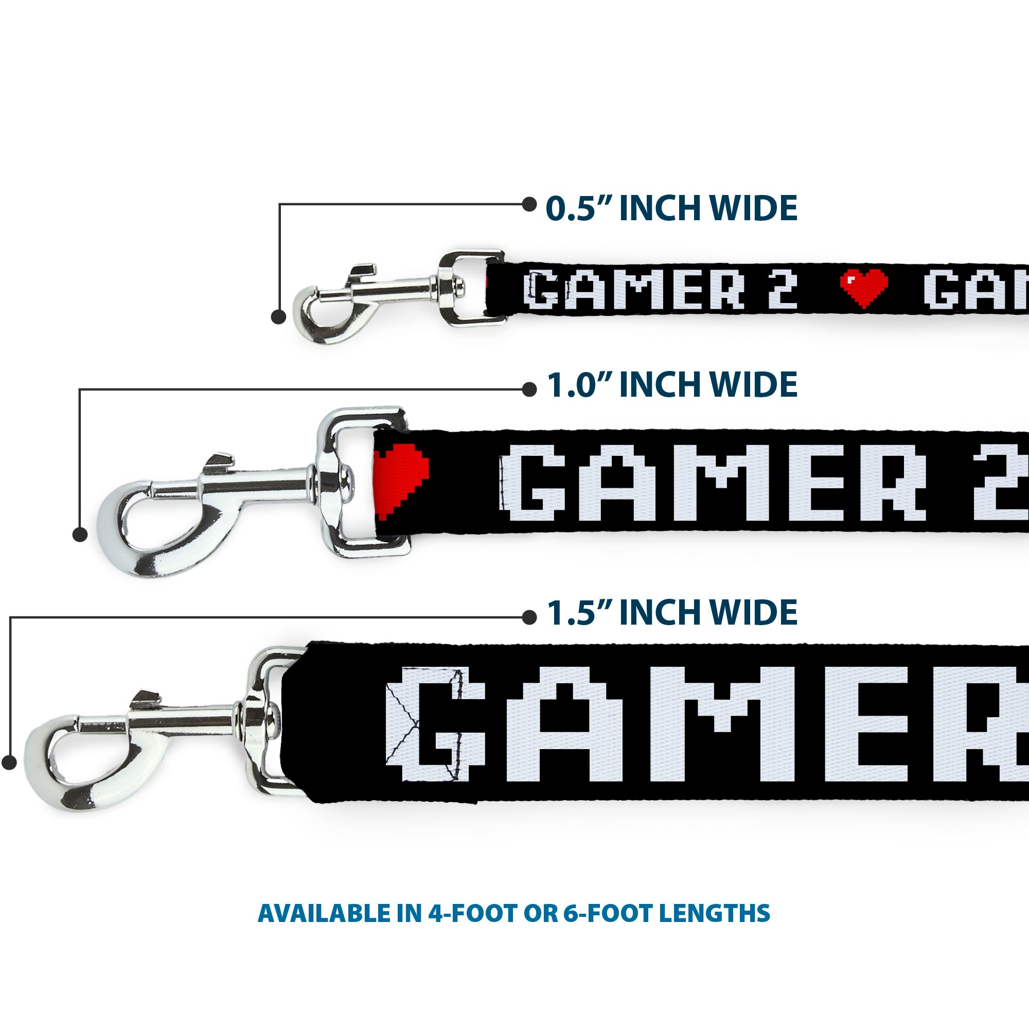 Dog Leash - GAMER 2/Heart 8-Bit Black/White/Red Dog Leashes Buckle-Down