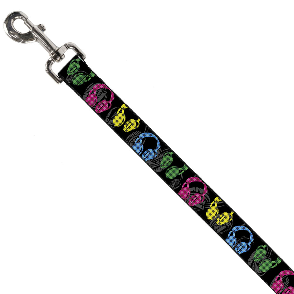 Dog Leash - Headphones Buffalo Plaid Black/Neon Dog Leashes Buckle-Down