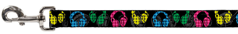 Dog Leash - Headphones Buffalo Plaid Black/Neon Dog Leashes Buckle-Down