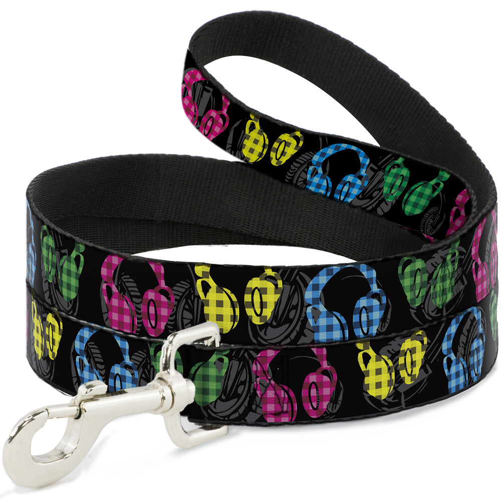 Dog Leash - Headphones Buffalo Plaid Black/Neon Dog Leashes Buckle-Down