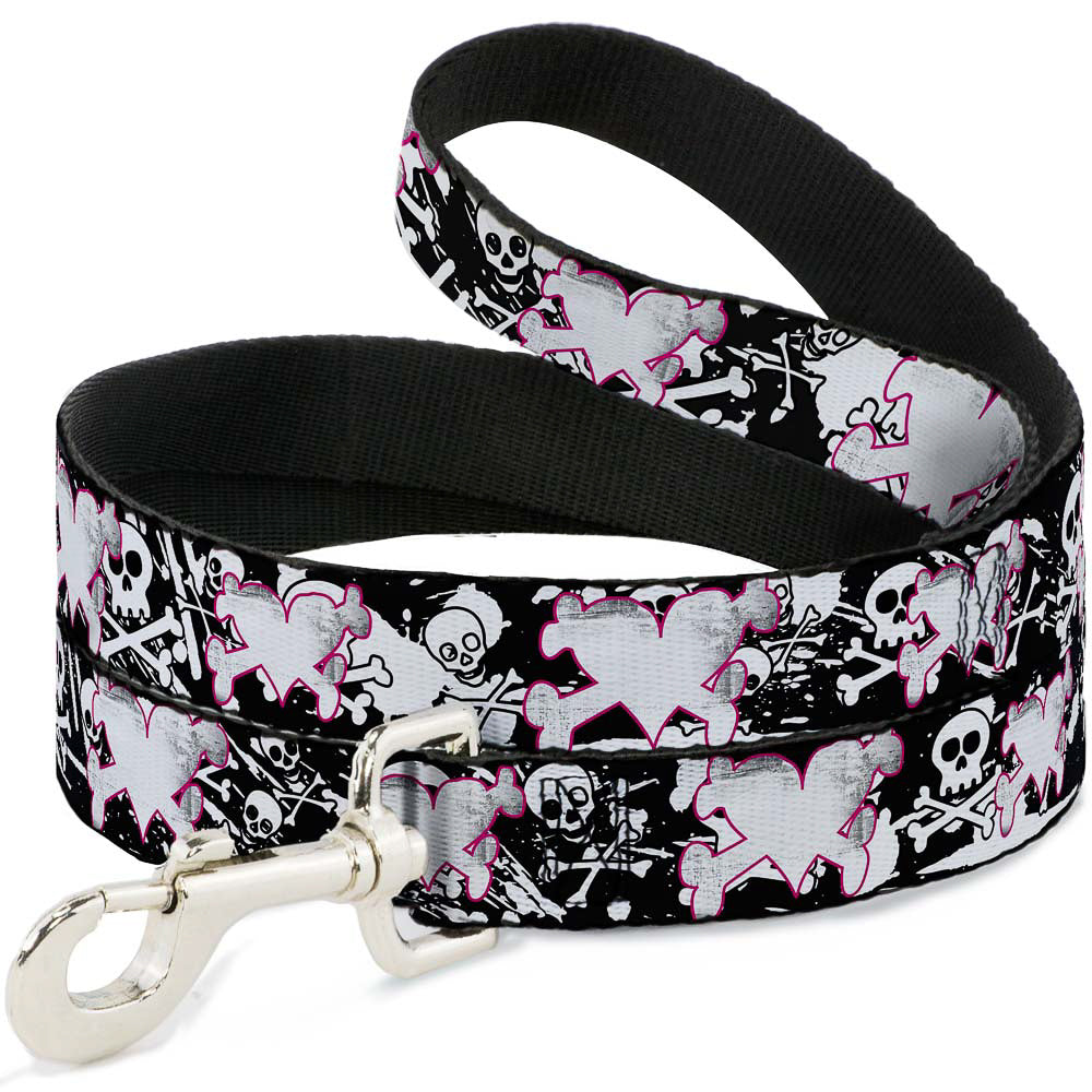 Dog Leash - Heart & Cross Bones w/Skulls & Splatter Black/White Dog Leashes Buckle-Down