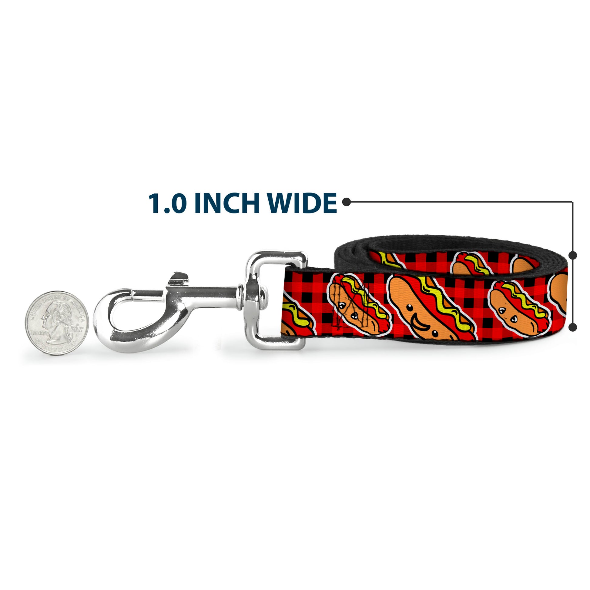 Dog Leash - Hot Dogs/Buffalo Plaid Black/Red Dog Leashes Buckle-Down