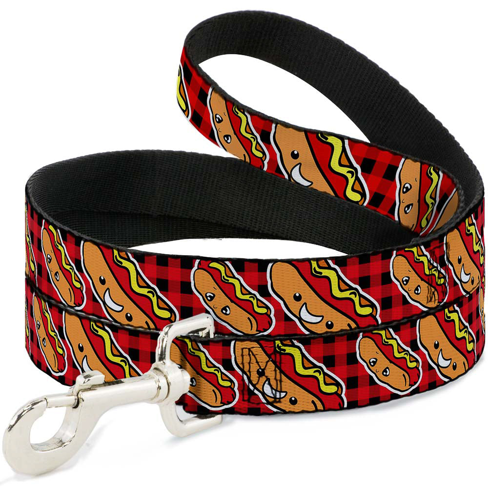 Dog Leash - Hot Dogs/Buffalo Plaid Black/Red Dog Leashes Buckle-Down