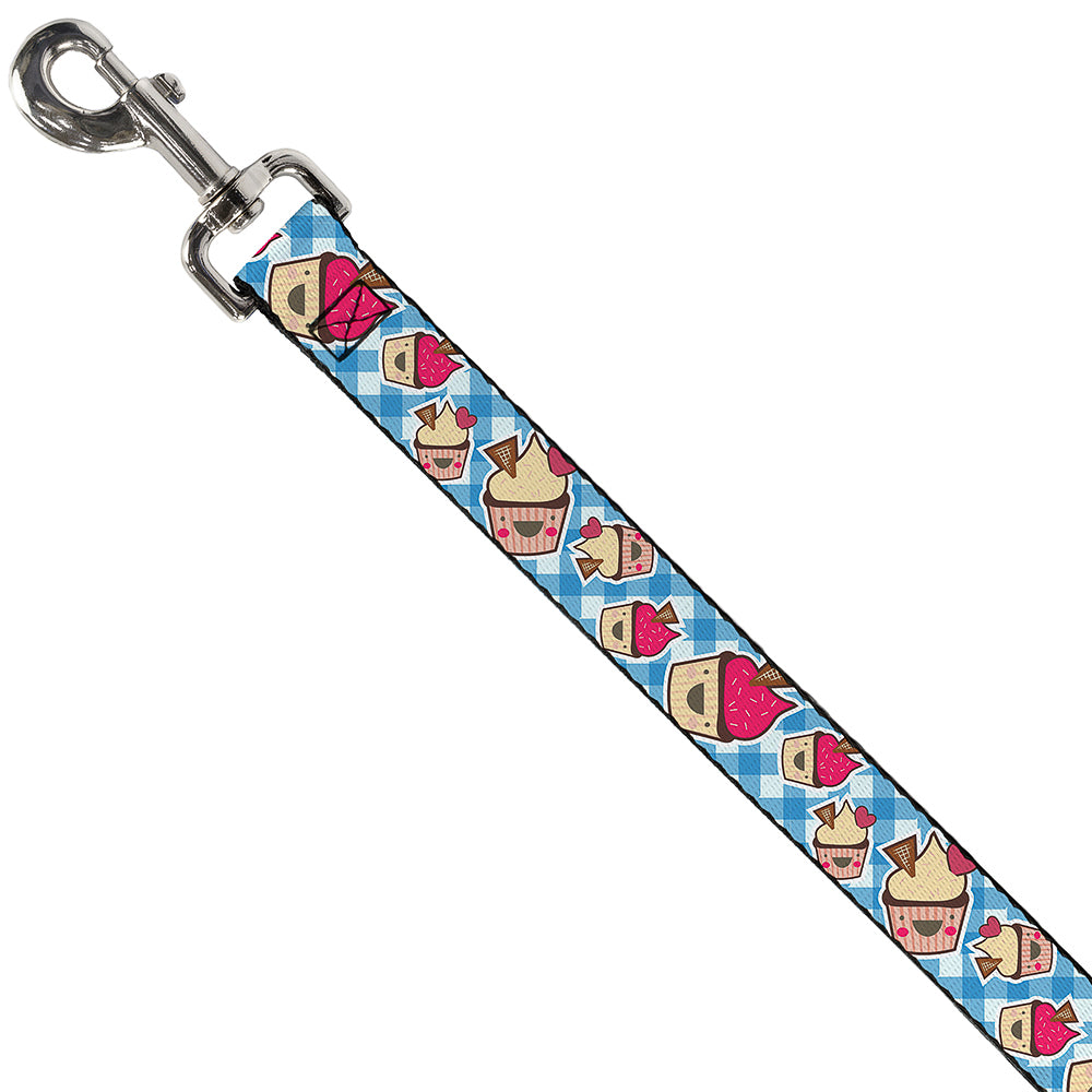 Dog Leash - Happy Cupcakes Buffalo Plaid White/Blue Dog Leashes Buckle-Down