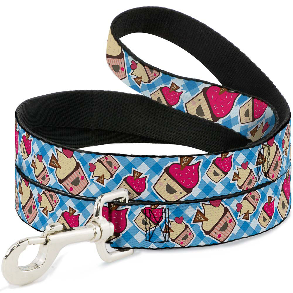 Dog Leash - Happy Cupcakes Buffalo Plaid White/Blue Dog Leashes Buckle-Down