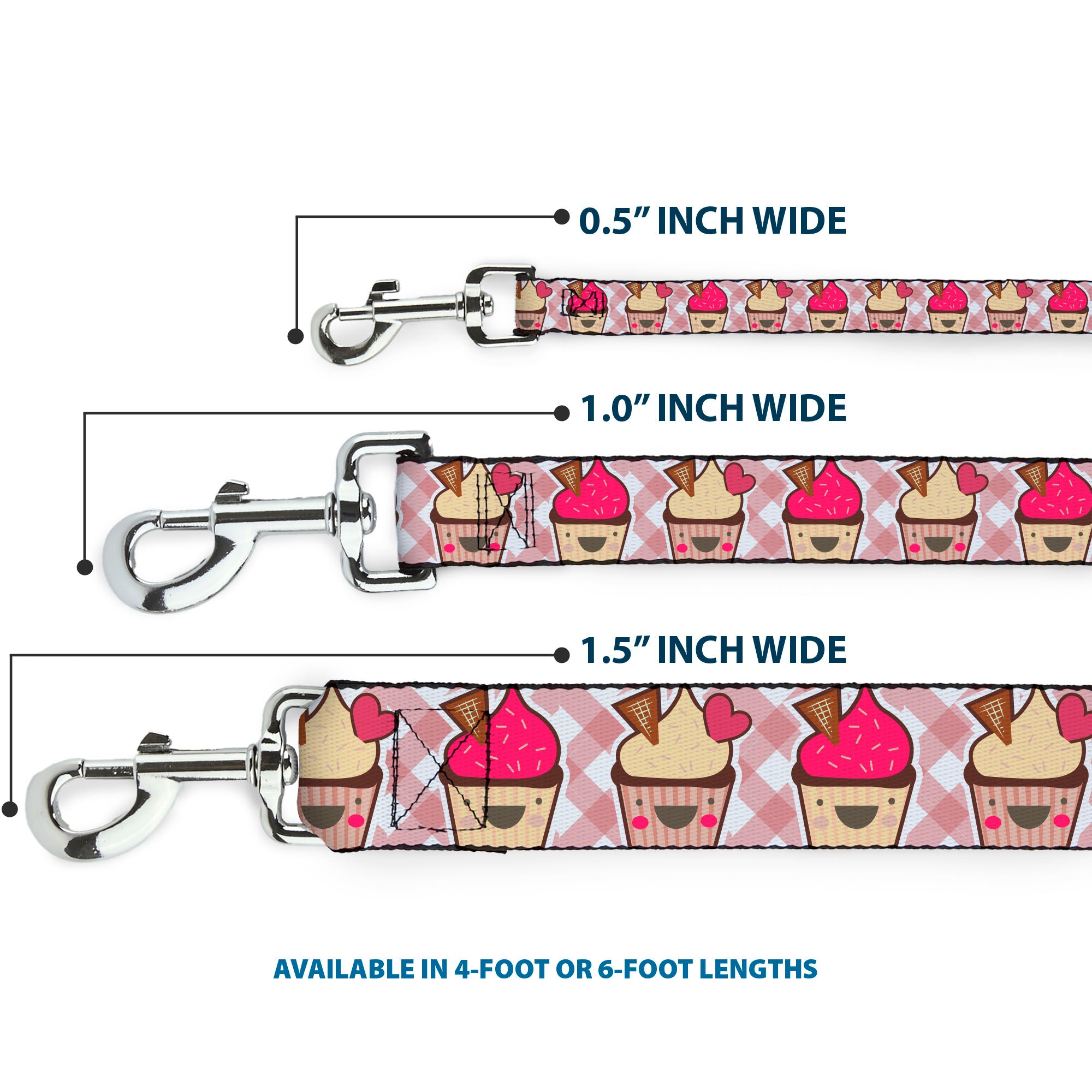Dog Leash - Happy Cupcakes Buffalo Plaid White/Pink Dog Leashes Buckle-Down