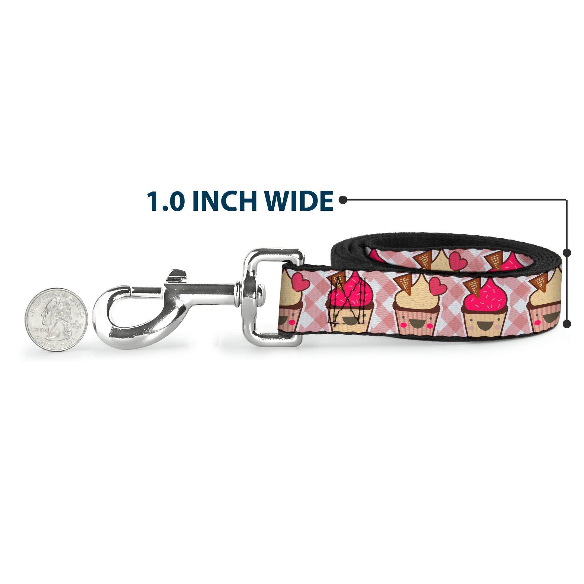 Dog Leash - Happy Cupcakes Buffalo Plaid White/Pink Dog Leashes Buckle-Down