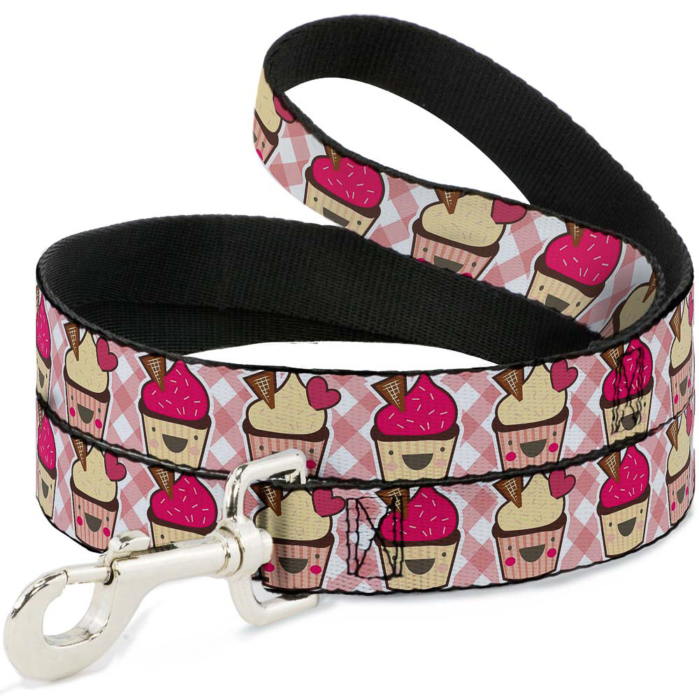 Dog Leash - Happy Cupcakes Buffalo Plaid White/Pink Dog Leashes Buckle-Down
