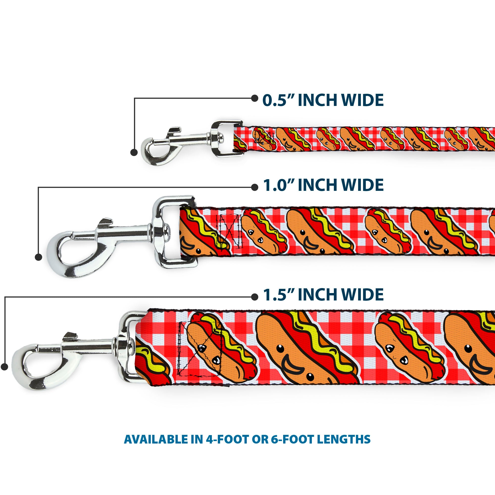 Dog Leash - Hot Dogs Buffalo Plaid White/Red Dog Leashes Buckle-Down