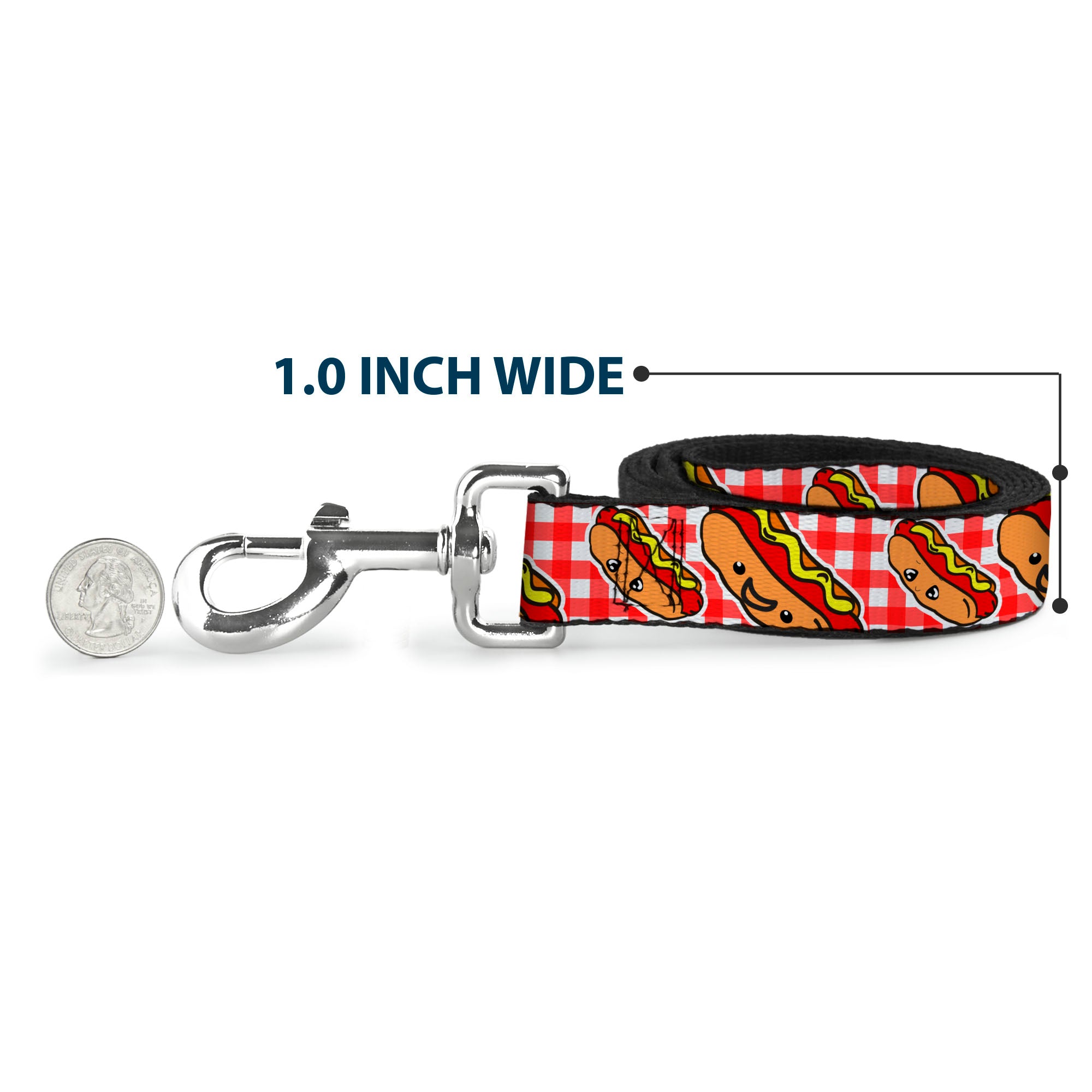 Dog Leash - Hot Dogs Buffalo Plaid White/Red Dog Leashes Buckle-Down