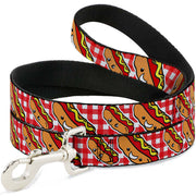 Dog Leash - Hot Dogs Buffalo Plaid White/Red Dog Leashes Buckle-Down