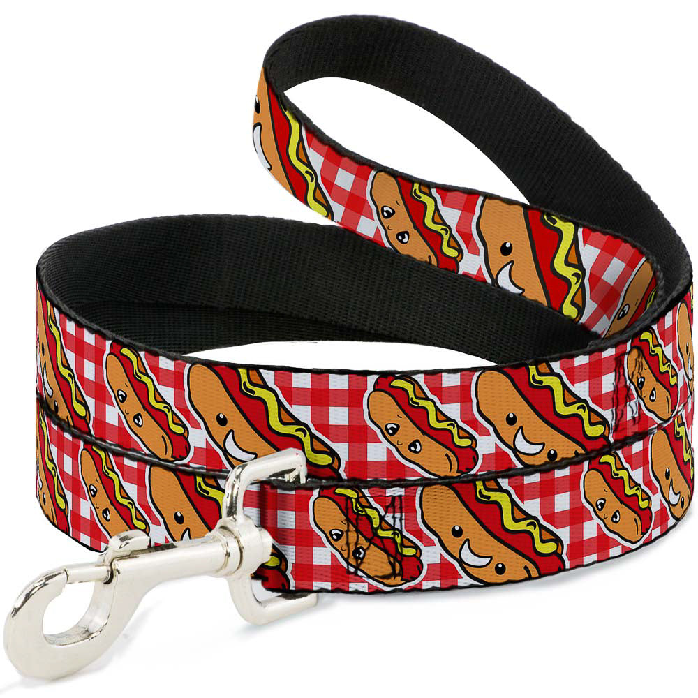 Dog Leash - Hot Dogs Buffalo Plaid White/Red Dog Leashes Buckle-Down