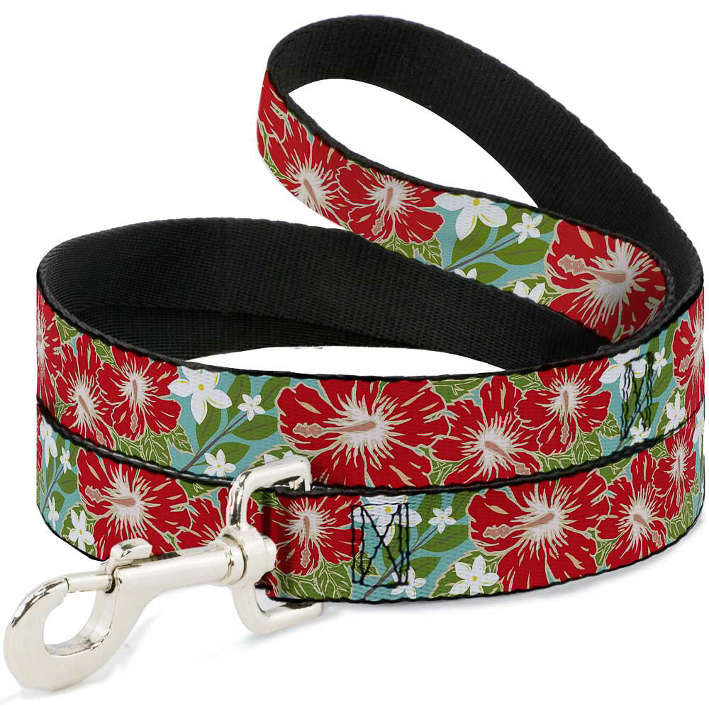 Dog Leash - Hibiscus & Plumerias Turquoise/Green/Red/White Dog Leashes Buckle-Down