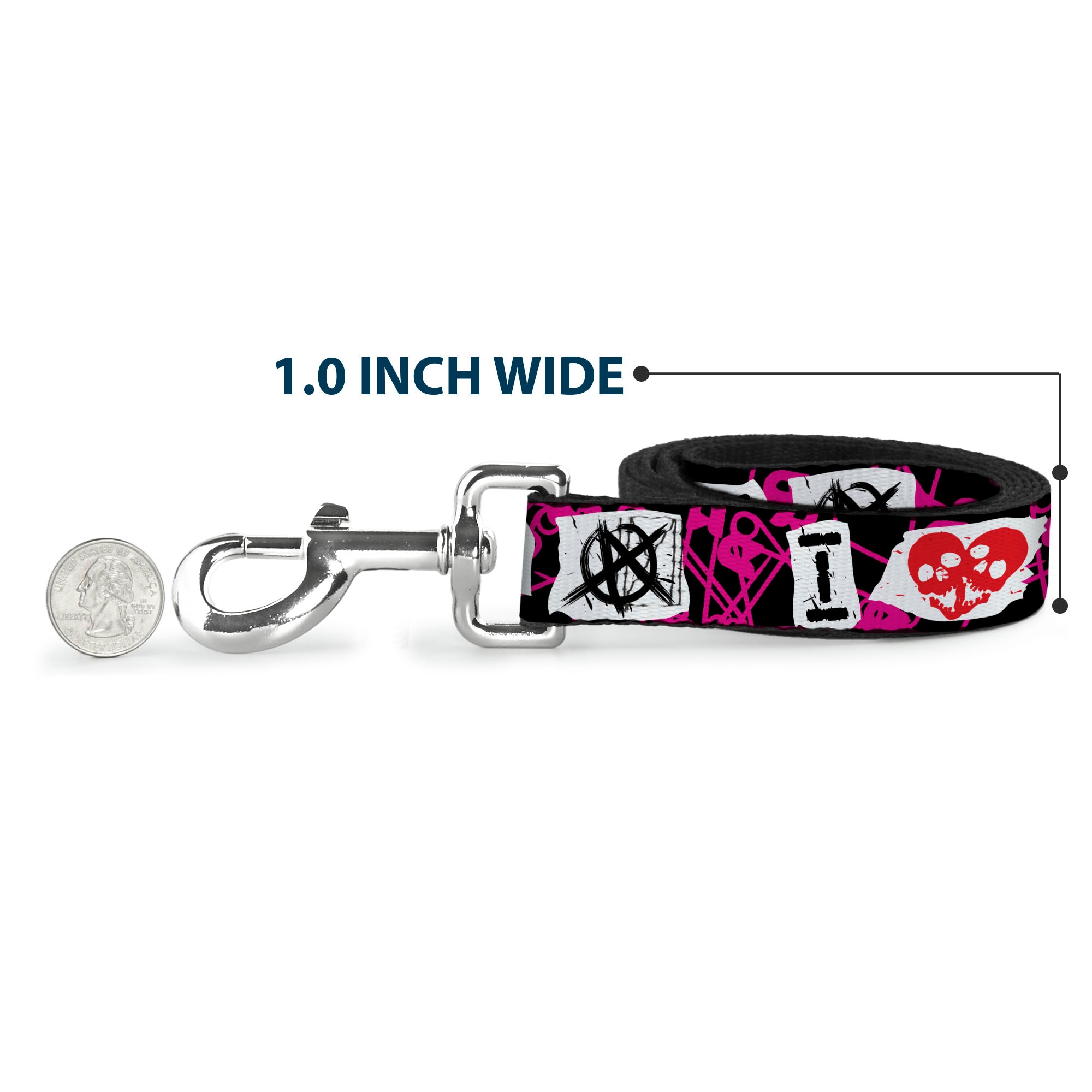 Dog Leash - I Heart Punk Rock w/Safety Pins Black/Fuchsia/White Dog Leashes Buckle-Down