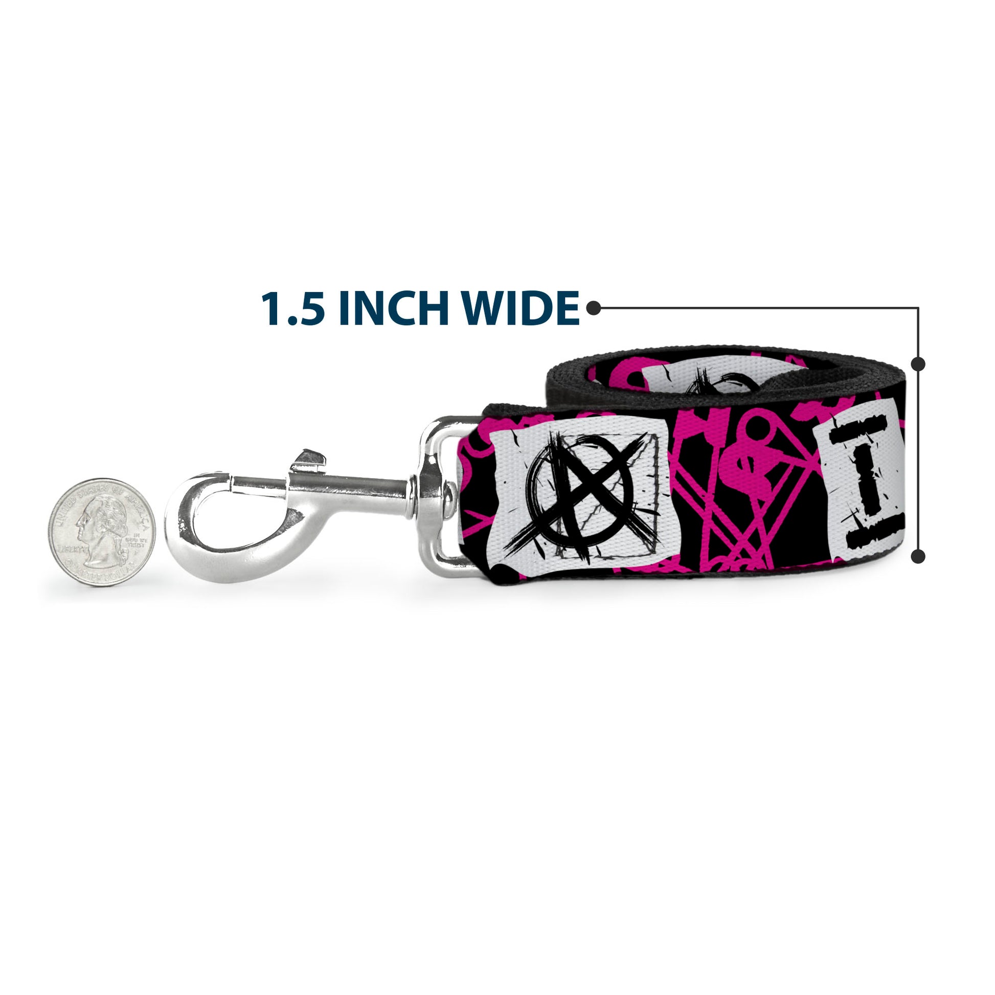 Dog Leash - I Heart Punk Rock w/Safety Pins Black/Fuchsia/White Dog Leashes Buckle-Down