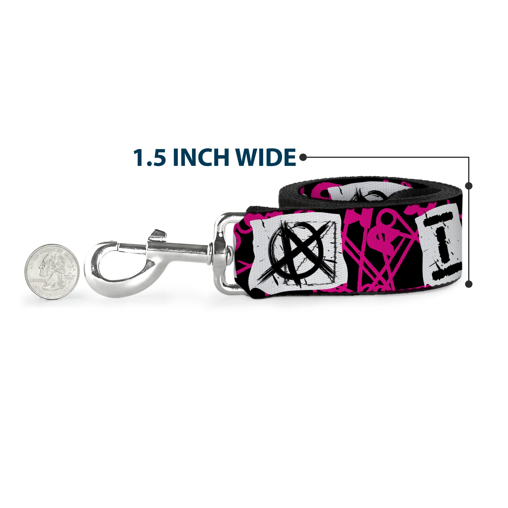 Dog Leash - I Heart Punk Rock w/Safety Pins Black/Fuchsia/White Dog Leashes Buckle-Down