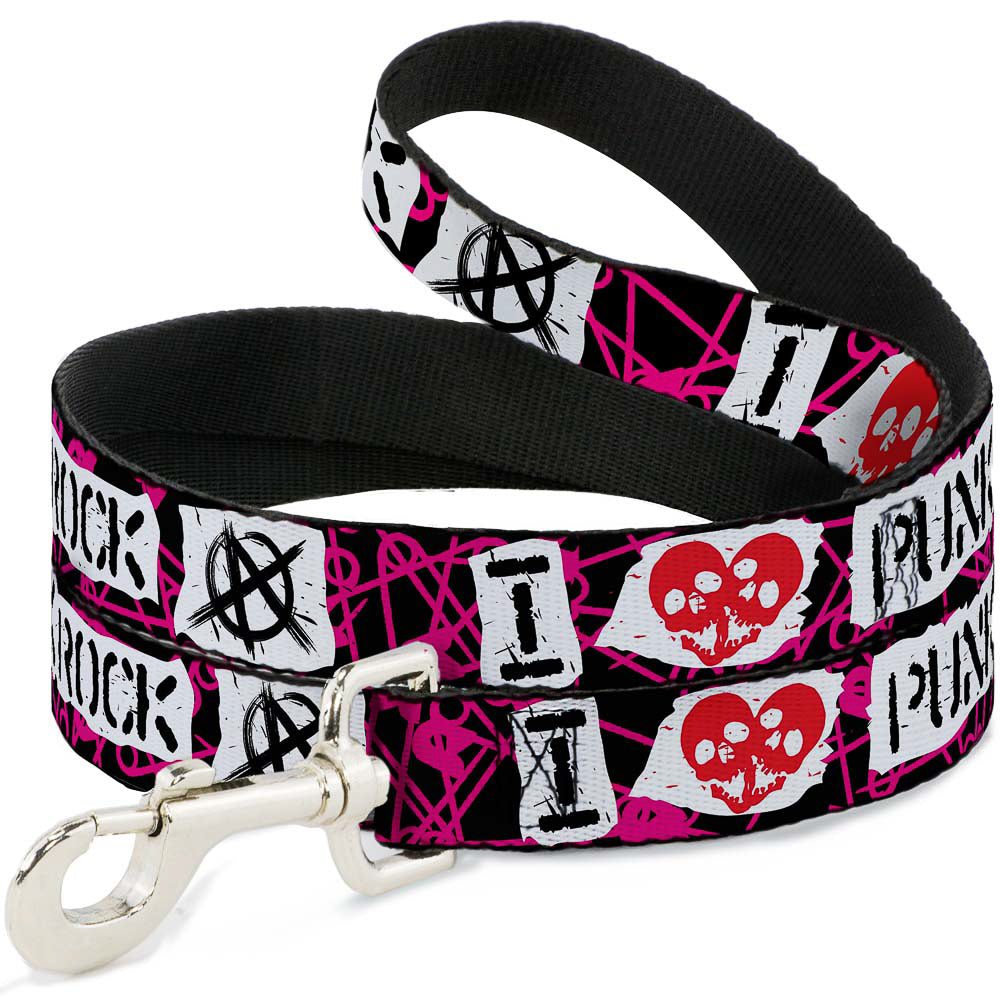 Dog Leash - I Heart Punk Rock w/Safety Pins Black/Fuchsia/White Dog Leashes Buckle-Down