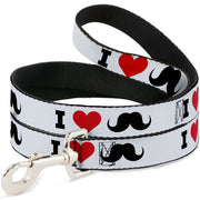 Dog Leash - I "Heart Mustache" White/Black/Red Dog Leashes Buckle-Down