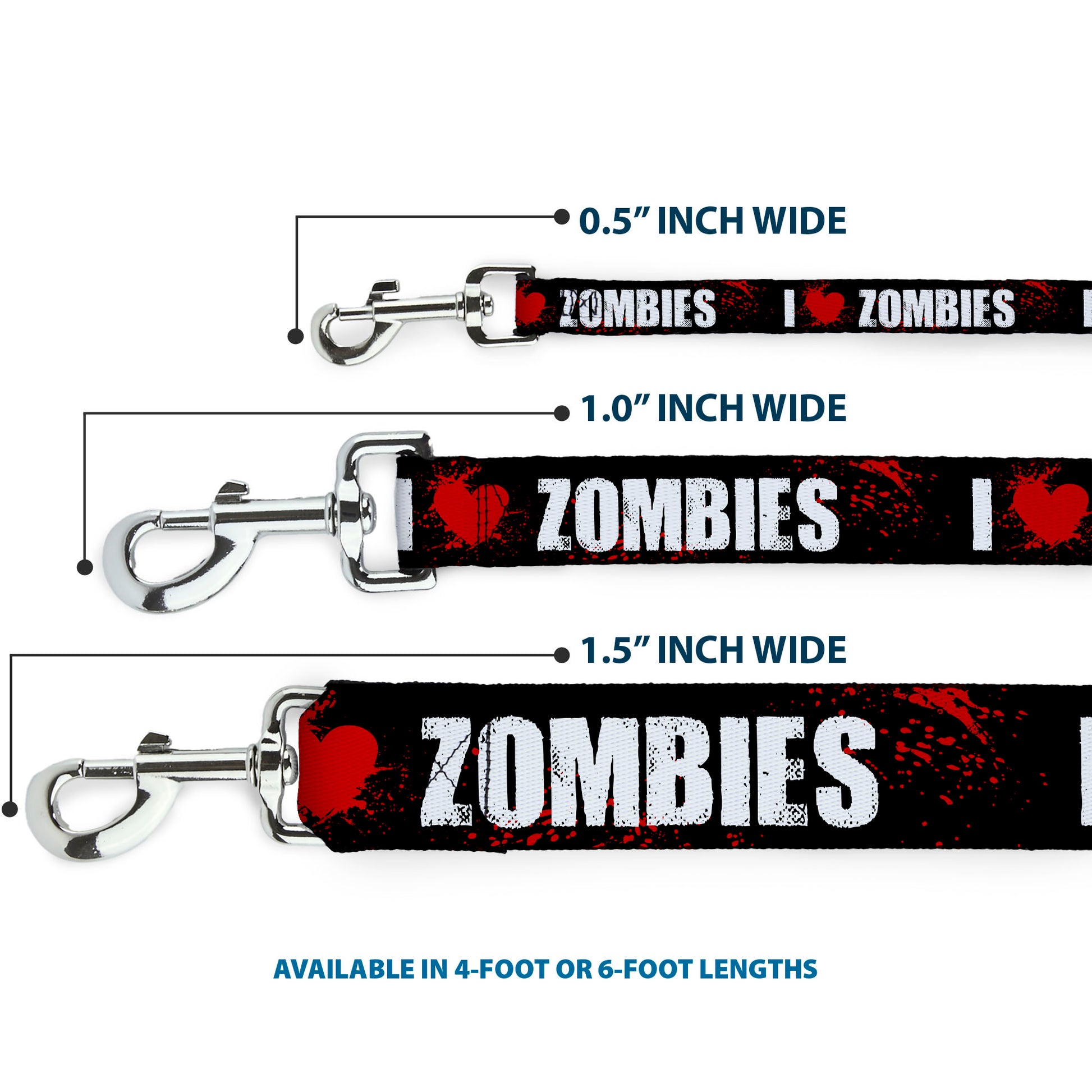 Dog Leash - I "Heart" ZOMBIES Bold Splatter Black/White/Red Dog Leashes Buckle-Down