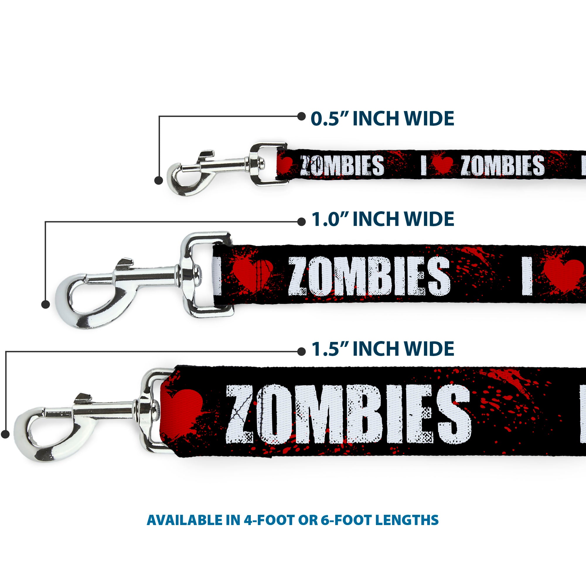 Dog Leash - I "Heart" ZOMBIES Bold Splatter Black/White/Red Dog Leashes Buckle-Down