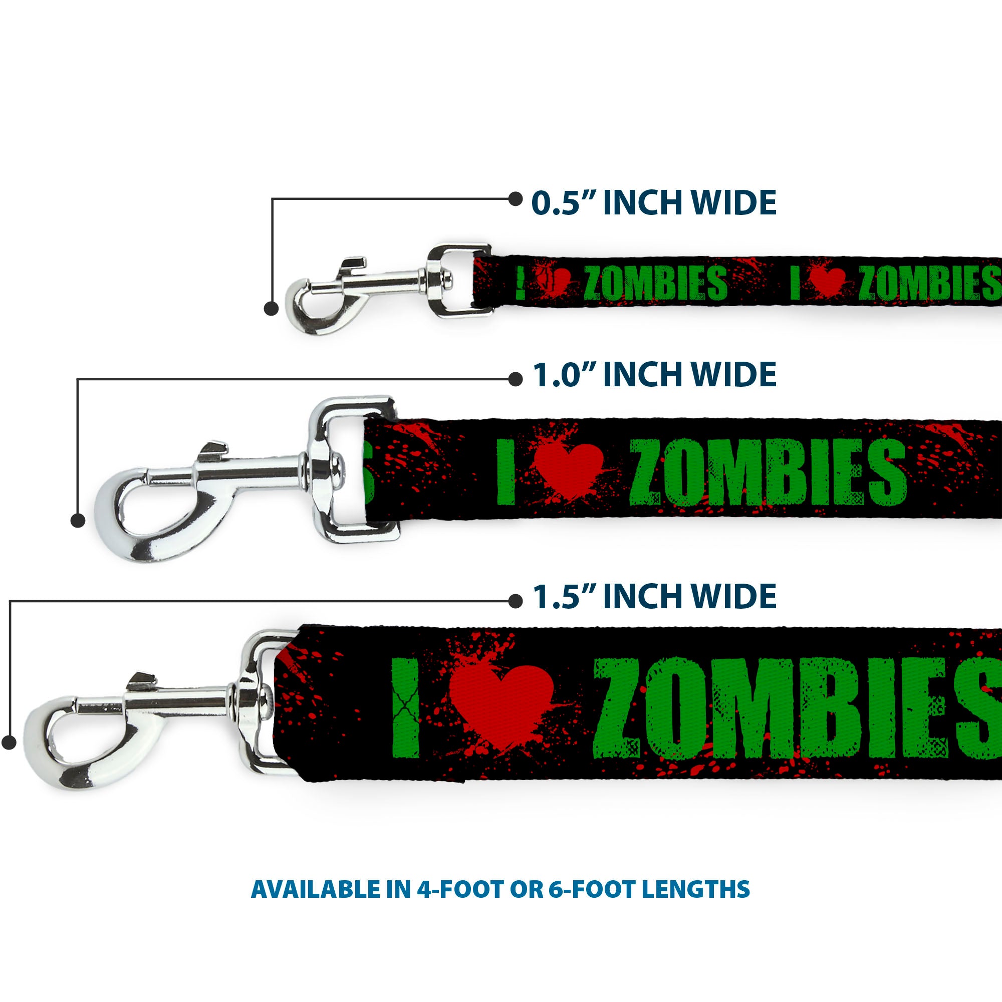 Dog Leash - I "Heart" ZOMBIES Bold Splatter Black/Green/Red Dog Leashes Buckle-Down