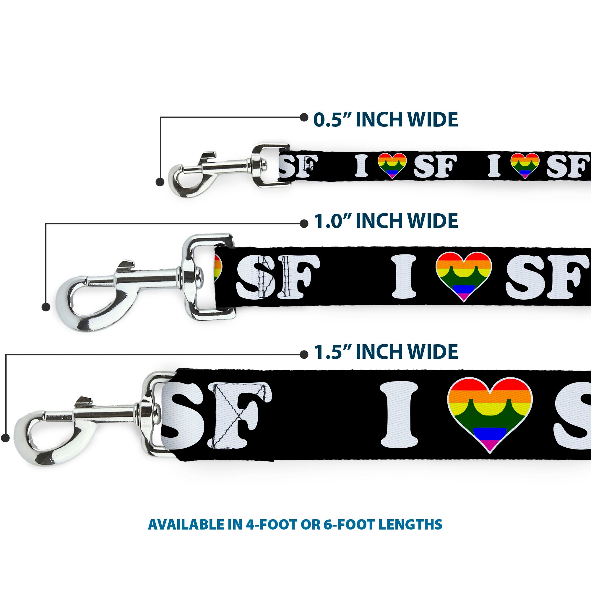Dog Leash - I "HEART BRIDGE" SF Black/White/Rainbow Dog Leashes Buckle-Down