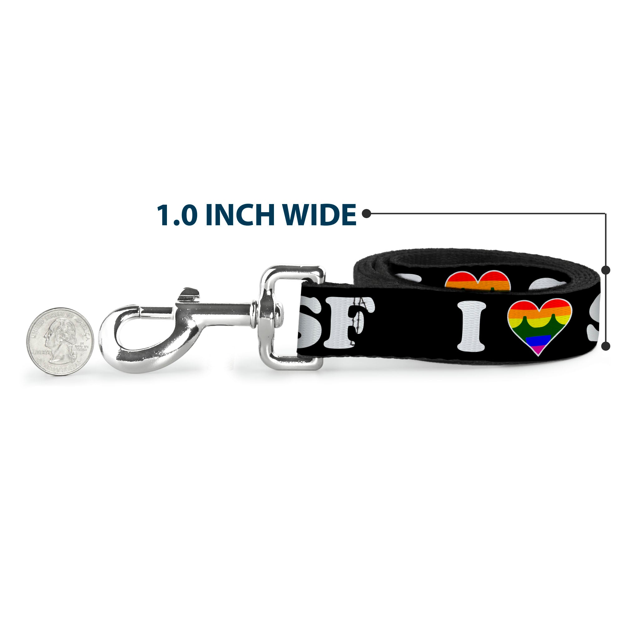 Dog Leash - I "HEART BRIDGE" SF Black/White/Rainbow Dog Leashes Buckle-Down