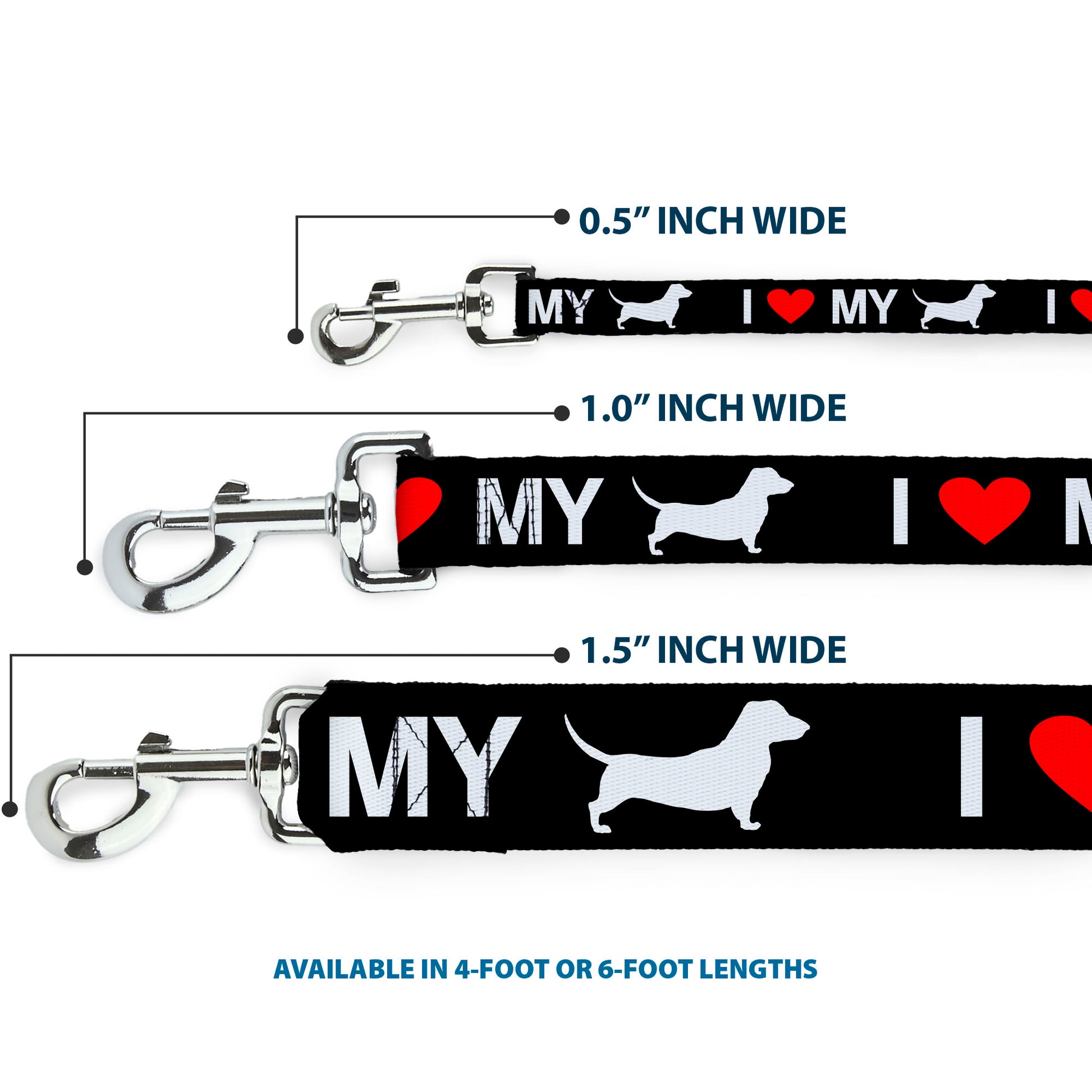 Dog Leash - I "HEART" MY "WIENER" Dog Silhouette Black/White/Red Dog Leashes Buckle-Down