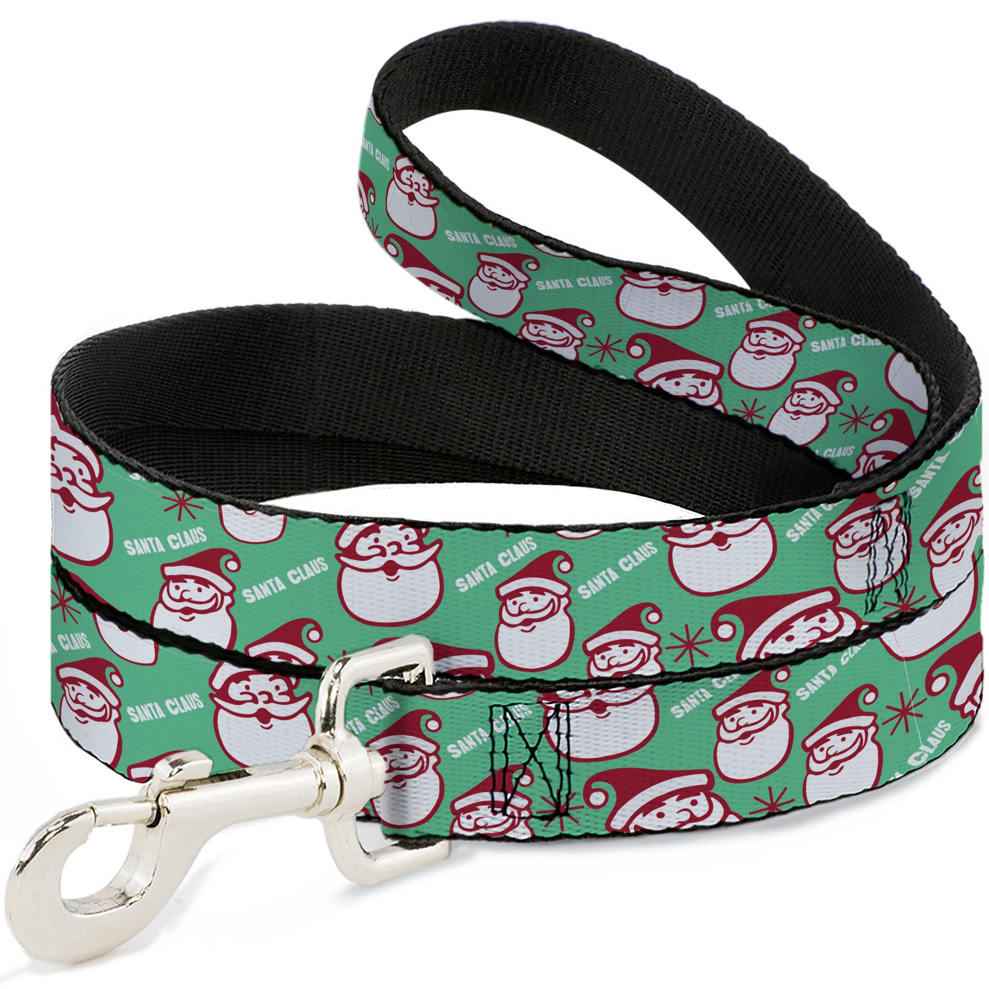 Dog Leash - Jolly SANTA CLAUS Christmas Smiling Face Icon and Text Green/Red/White Dog Leashes Buckle-Down