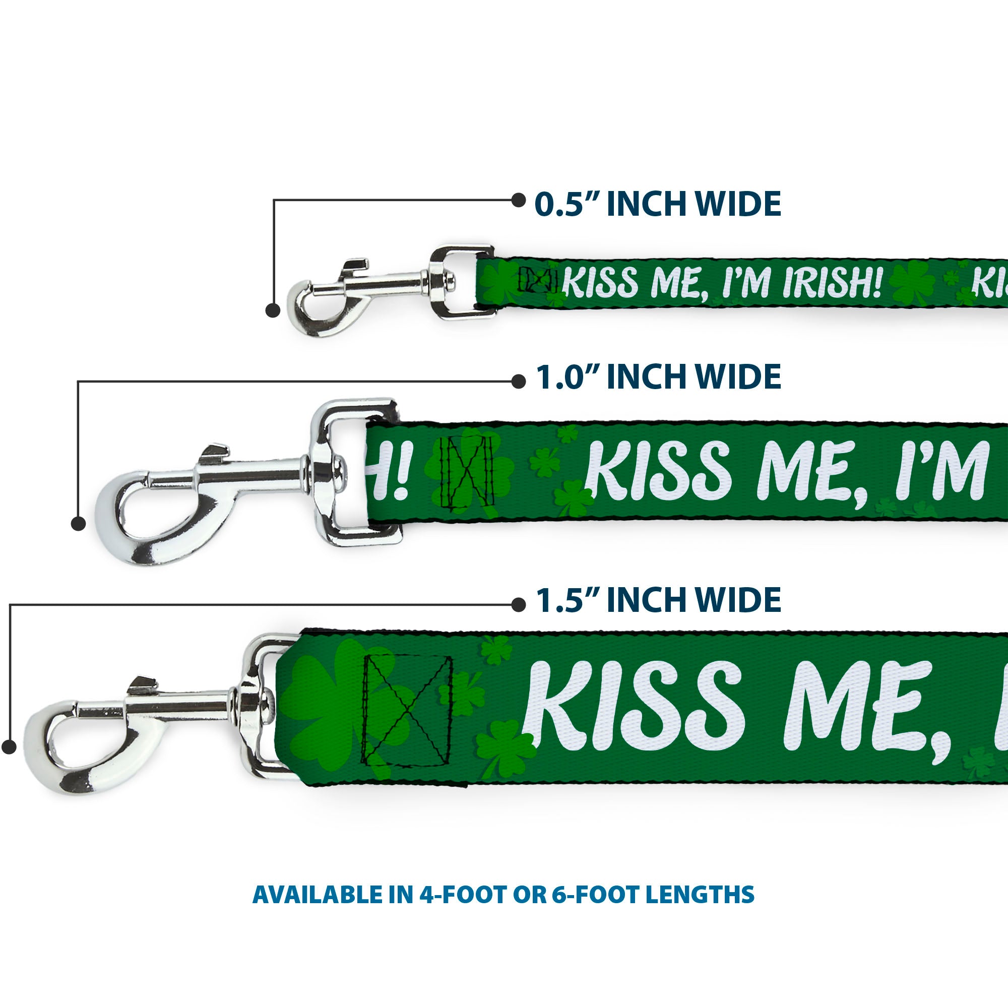 Dog Leash - KISS ME, I'M IRISH! Clovers Green/White Dog Leashes Buckle-Down