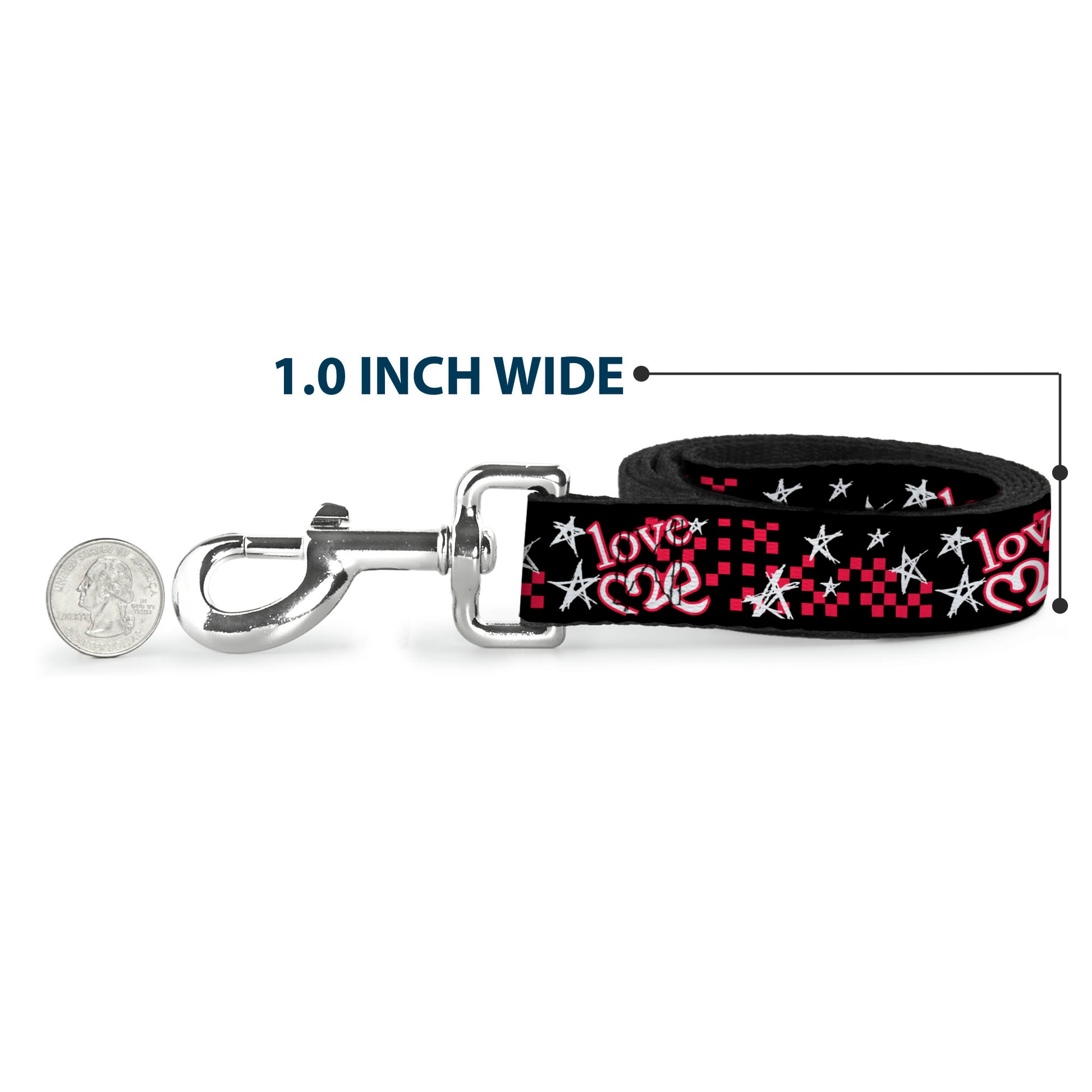 Dog Leash - Love Me w/Sketch Stars & Checkers Black/Fuchsia/White Dog Leashes Buckle-Down