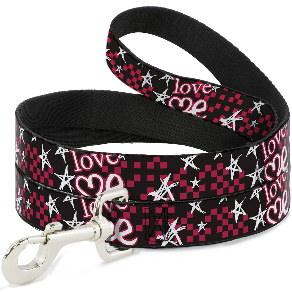 Dog Leash - Love Me w/Sketch Stars & Checkers Black/Fuchsia/White Dog Leashes Buckle-Down