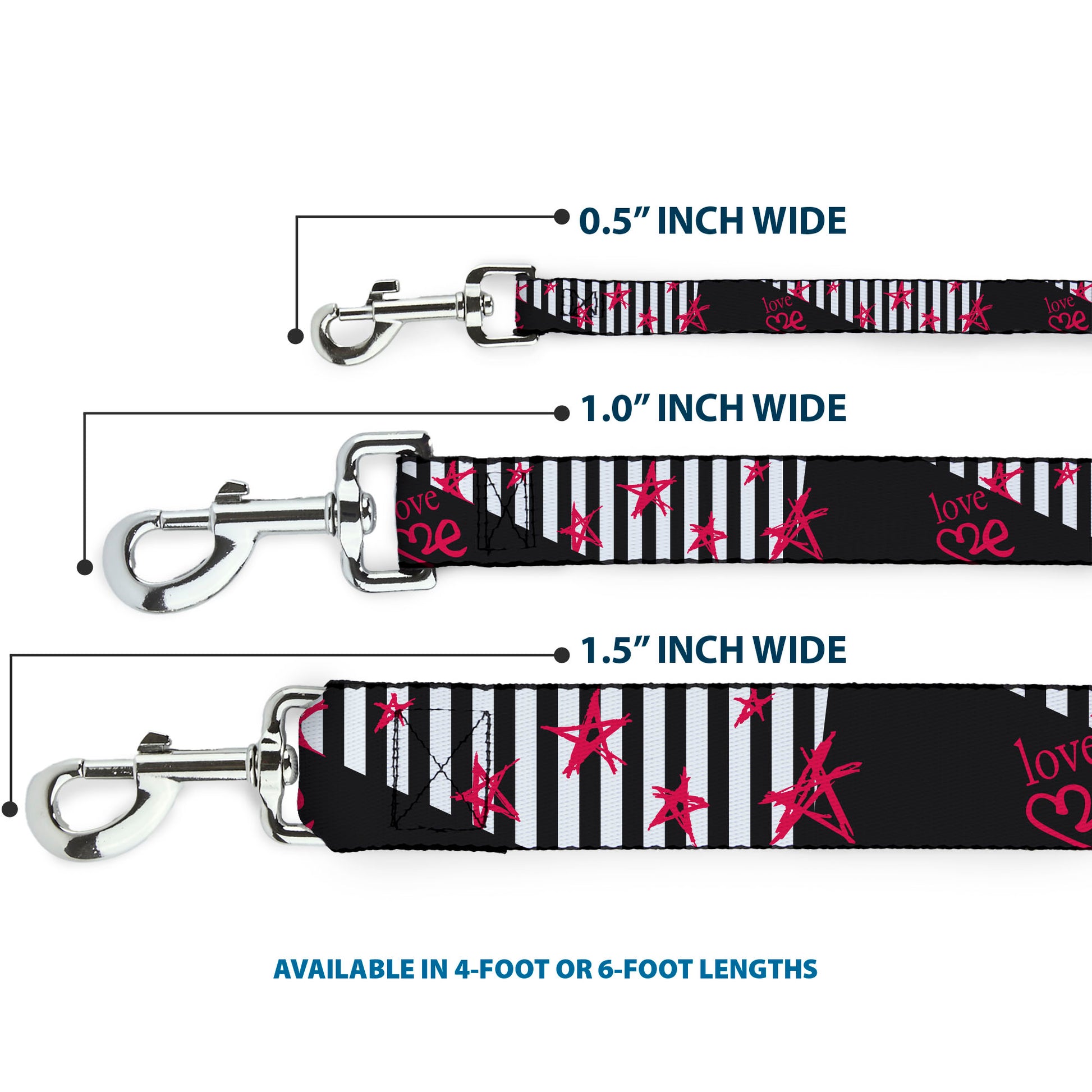 Dog Leash - Love Me w/Sketch Stars & Stripes Black/White/Fuchsia Dog Leashes Buckle-Down