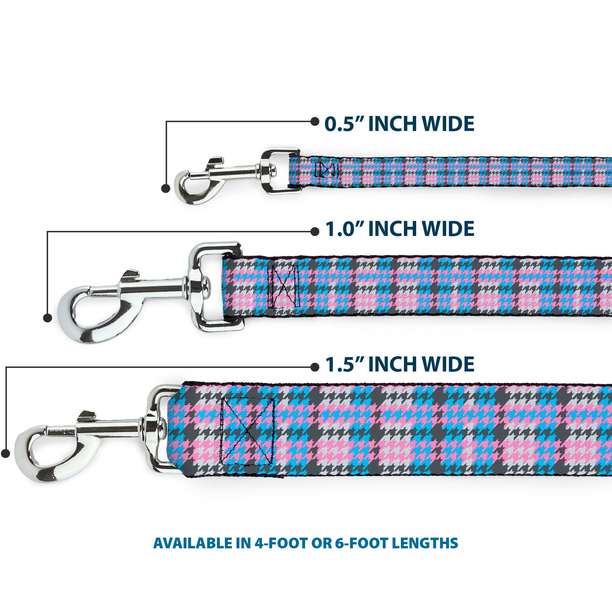 Dog Leash - Mini Houndstooth Gray/Baby Blue/Pink Dog Leashes Buckle-Down