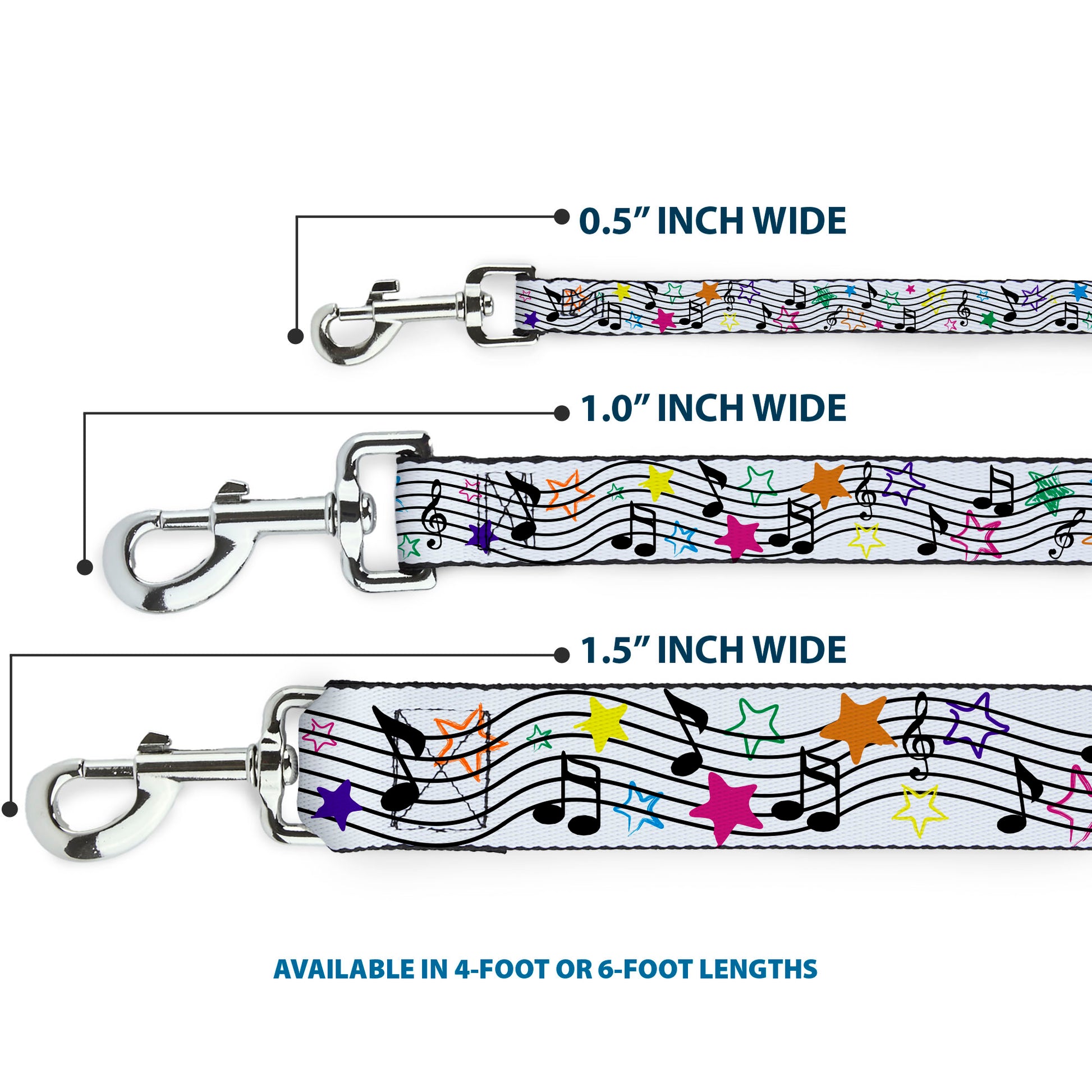 Dog Leash - Music Notes Stars White/Black/Multi Color Dog Leashes Buckle-Down