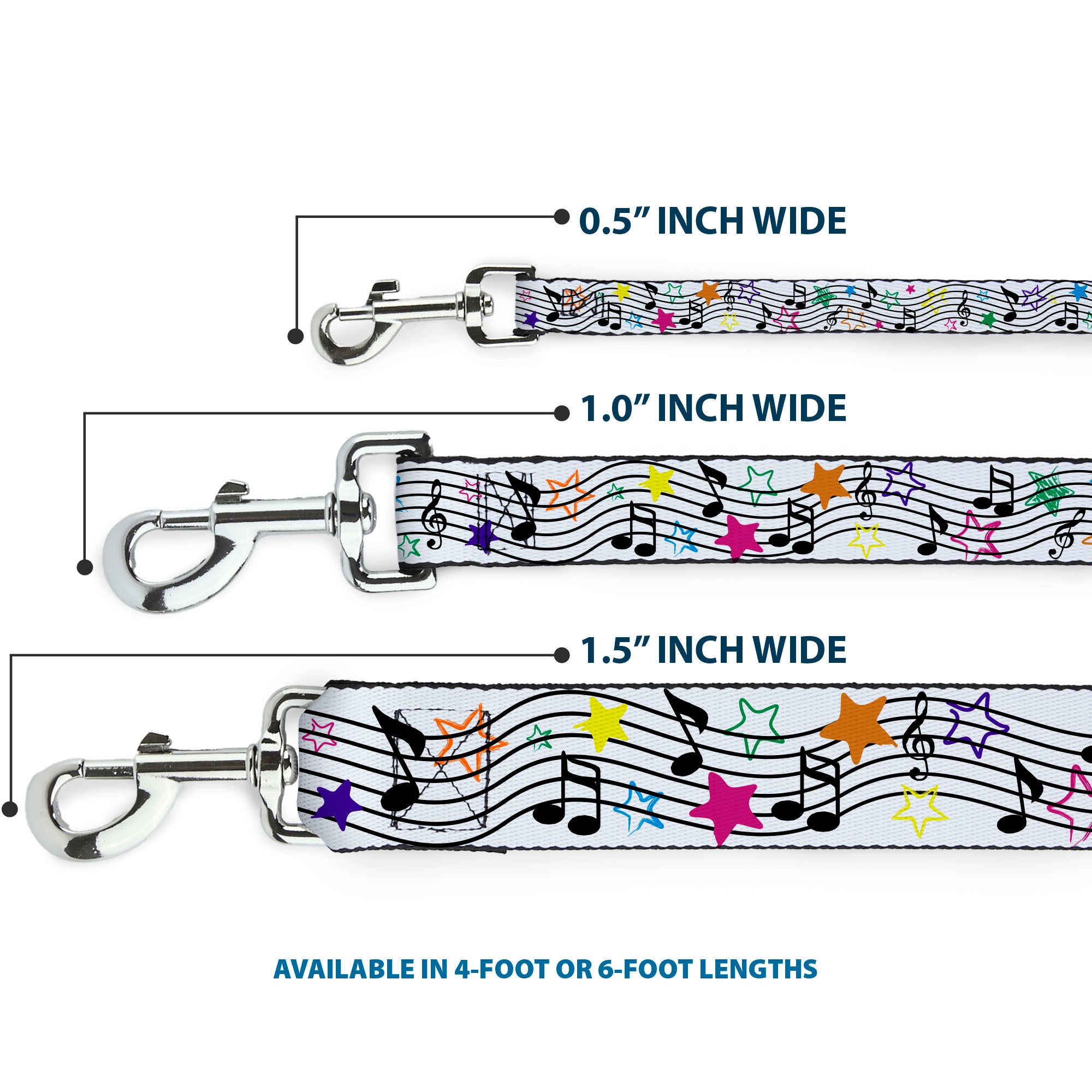 Dog Leash - Music Notes Stars White/Black/Multi Color Dog Leashes Buckle-Down