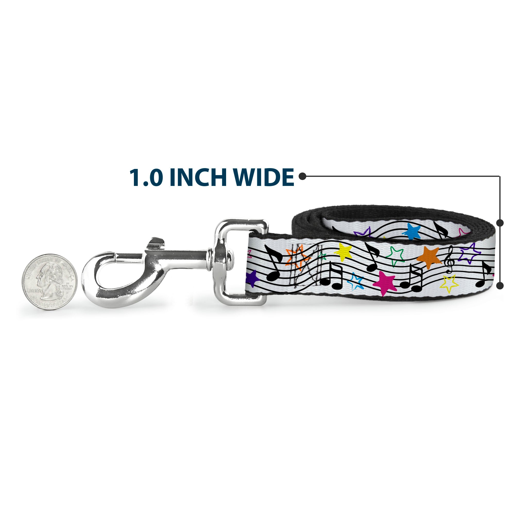Dog Leash - Music Notes Stars White/Black/Multi Color Dog Leashes Buckle-Down