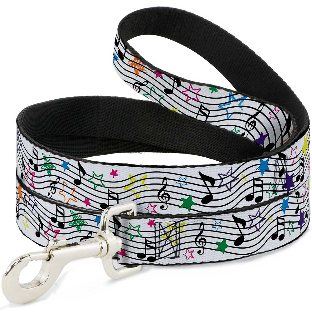 Dog Leash - Music Notes Stars White/Black/Multi Color Dog Leashes Buckle-Down