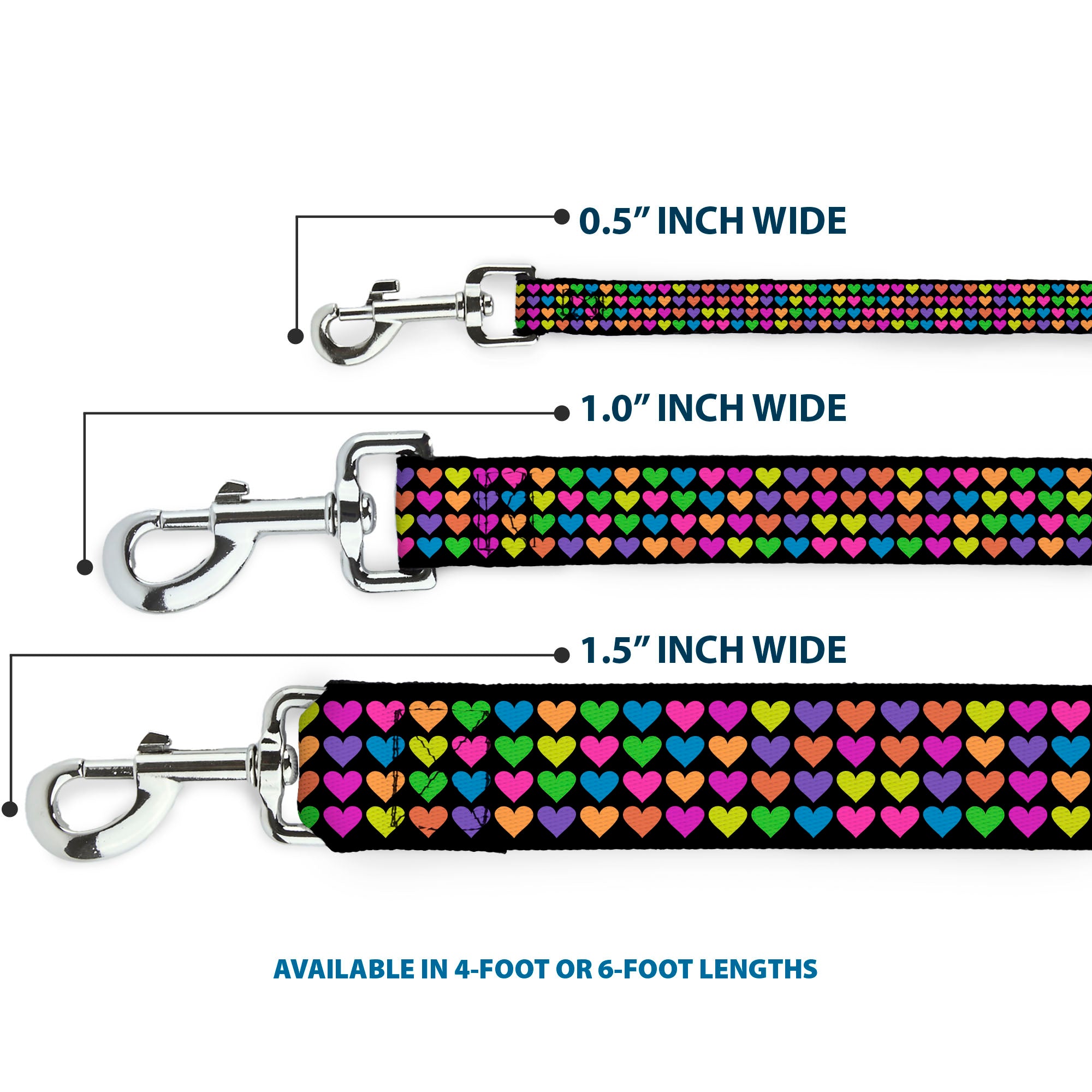 Dog Leash - Mini Hearts Black/Multi Neon Dog Leashes Buckle-Down