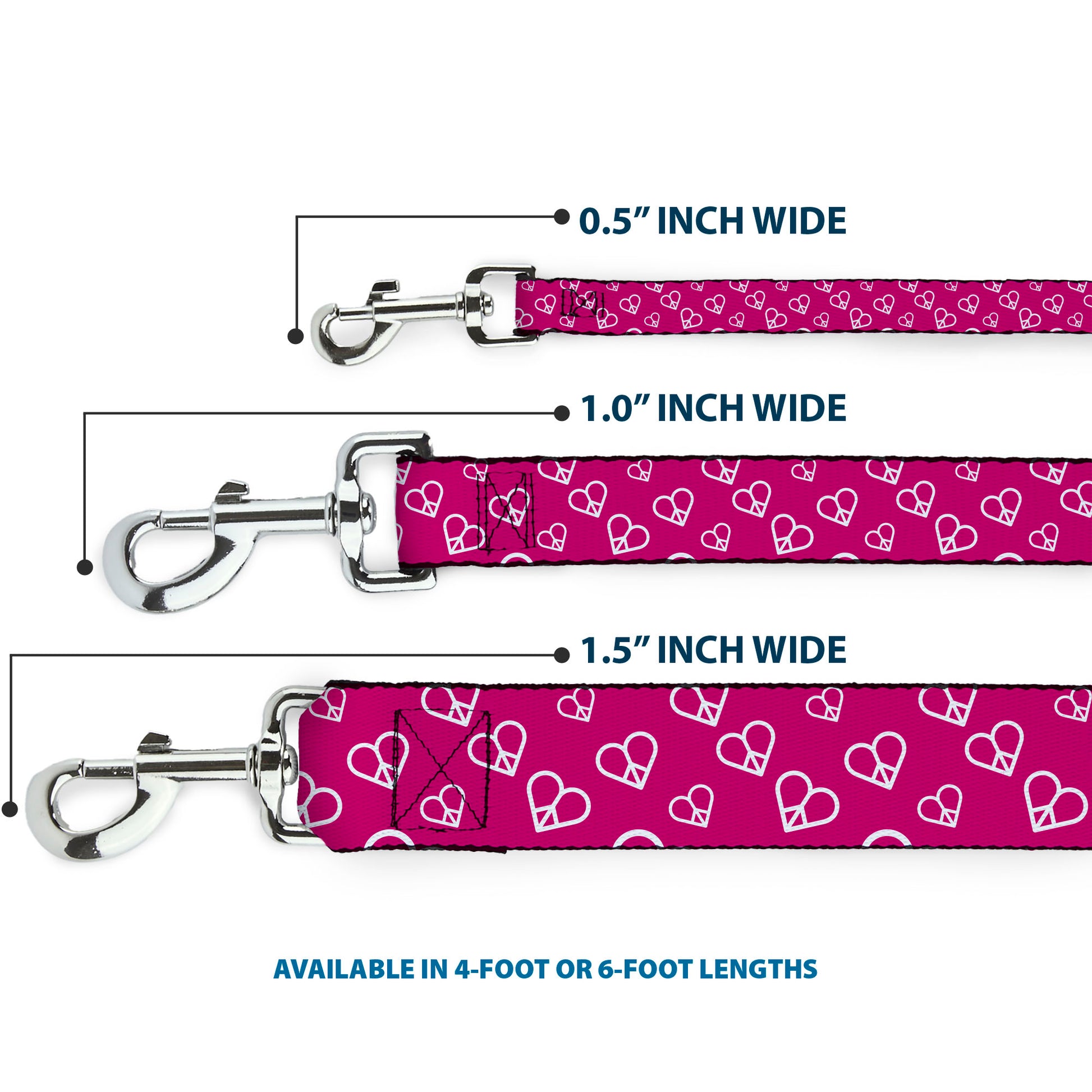 Dog Leash - Mini Peace Hearts Fuchsia/White Dog Leashes Buckle-Down