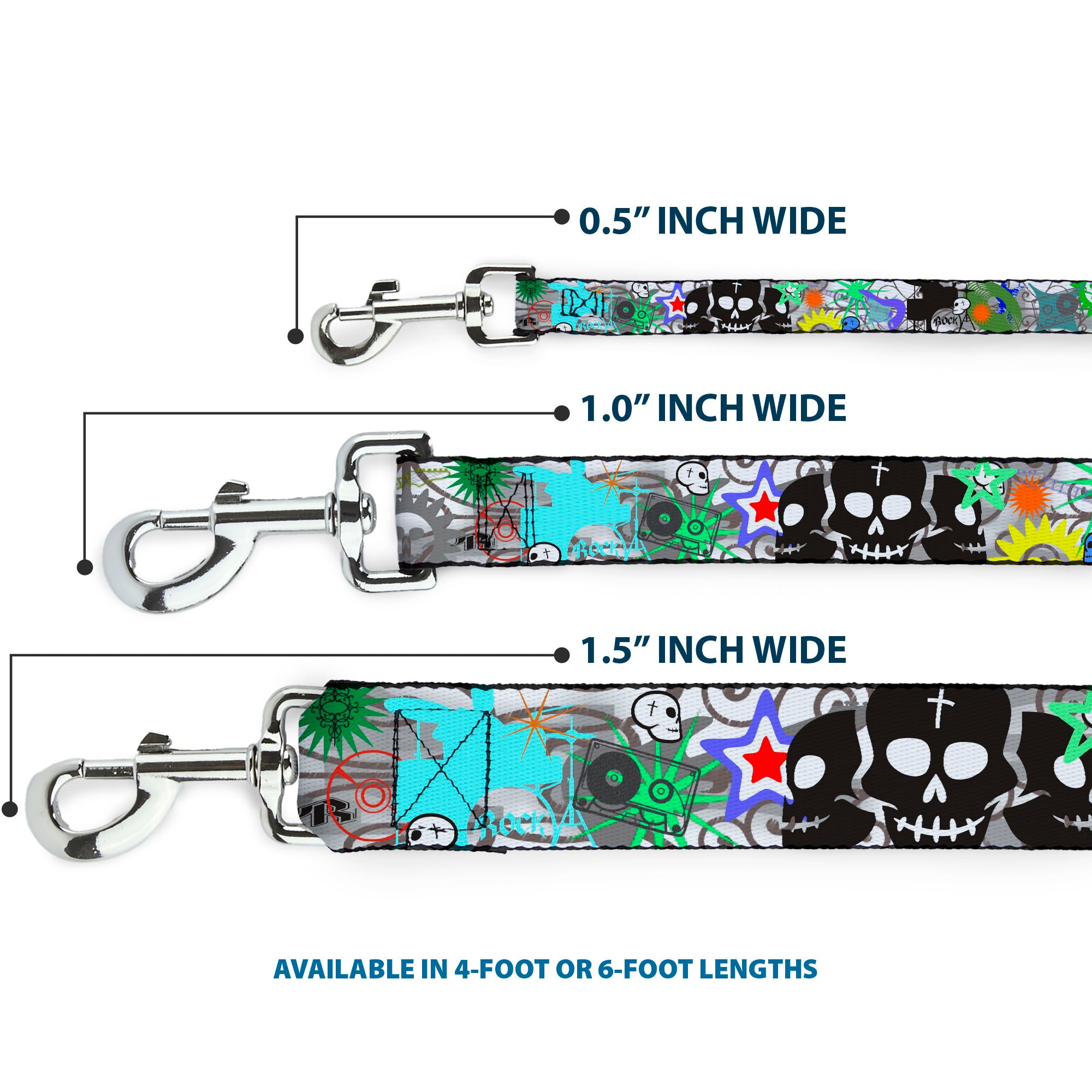 Dog Leash - Music Skulls Multi Color Dog Leashes Buckle-Down