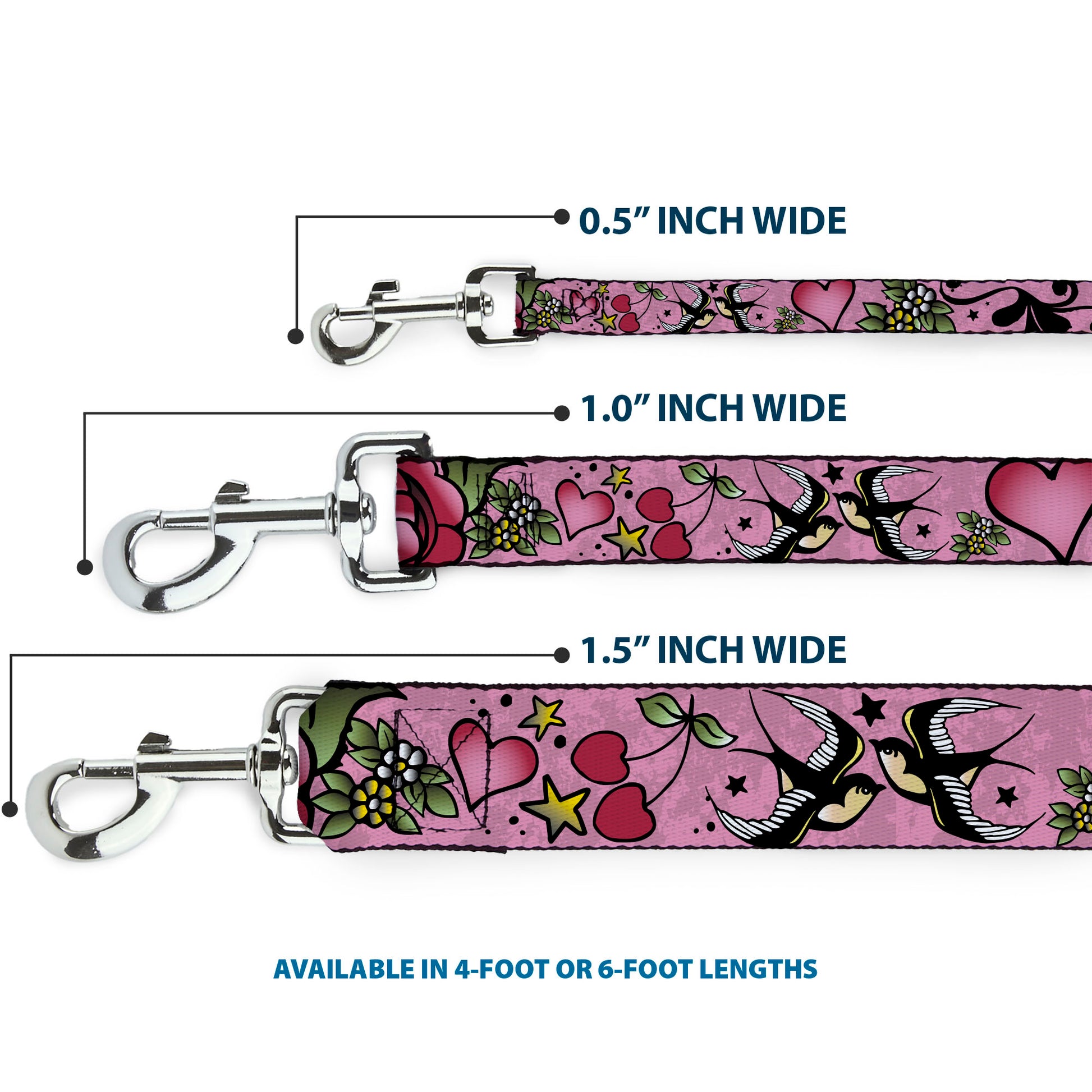 Dog Leash - Mom & Dad CLOSE-UP Pink w/Sparrows Dog Leashes Buckle-Down