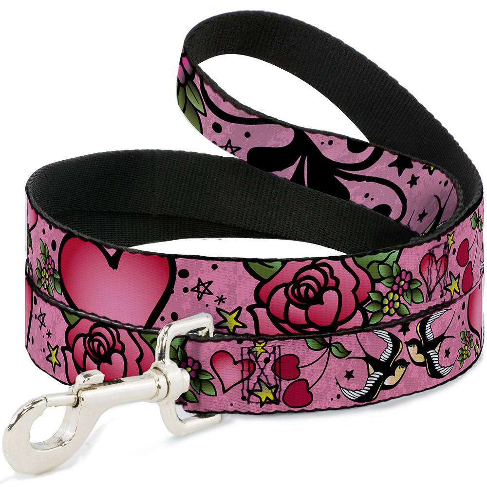 Dog Leash - Mom & Dad CLOSE-UP Pink w/Sparrows Dog Leashes Buckle-Down