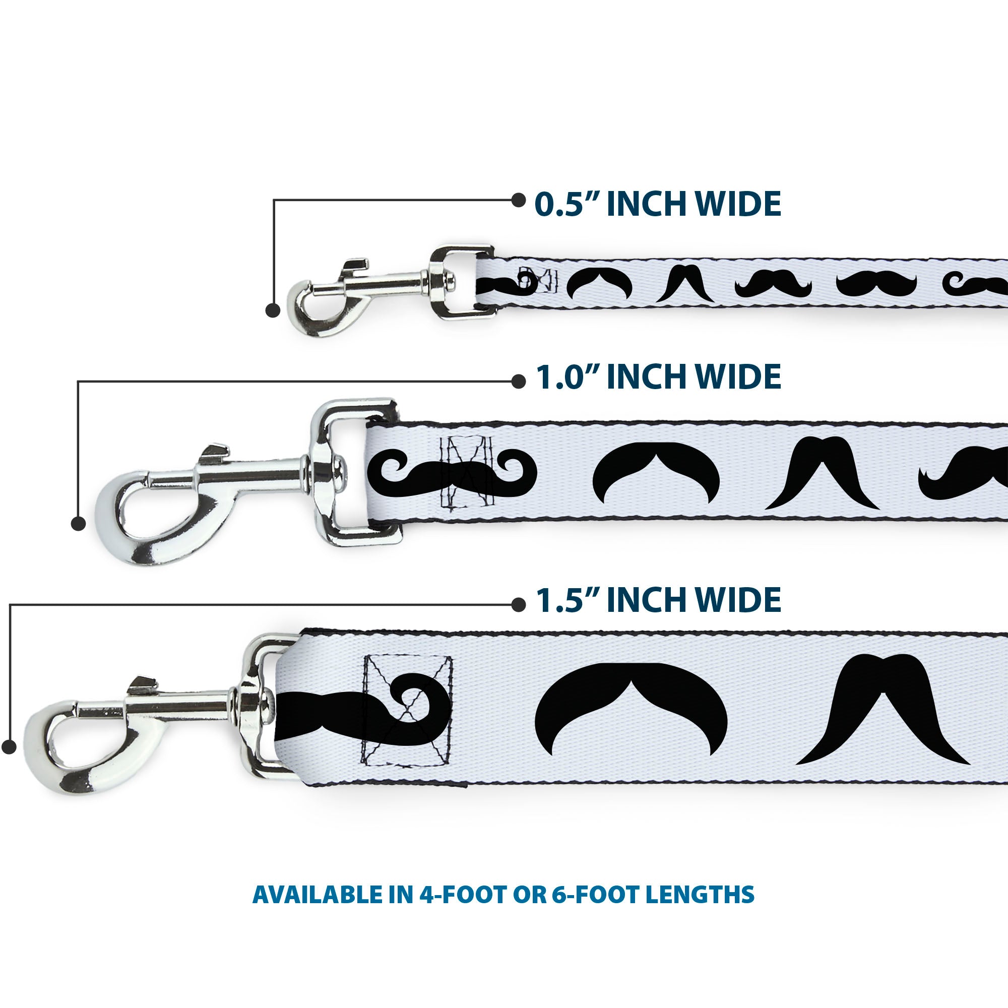 Dog Leash - Mustaches Straight White/Black Dog Leashes Buckle-Down