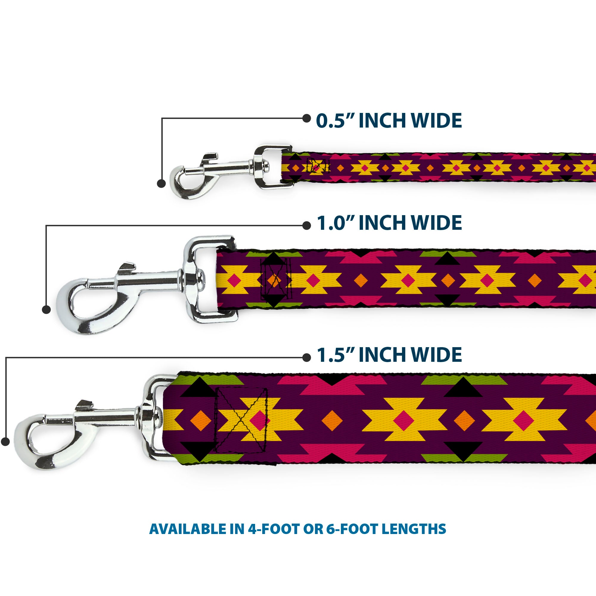 Dog Leash - Navajo Orange/Purple/Yellow/Pink/Green/Black Dog Leashes Buckle-Down