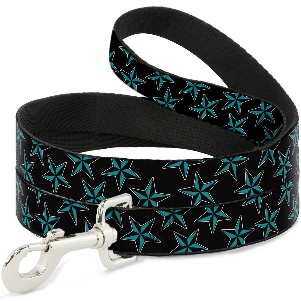 Dog Leash - Nautical Stars Scattered Black/Turquoise Dog Leashes Buckle-Down