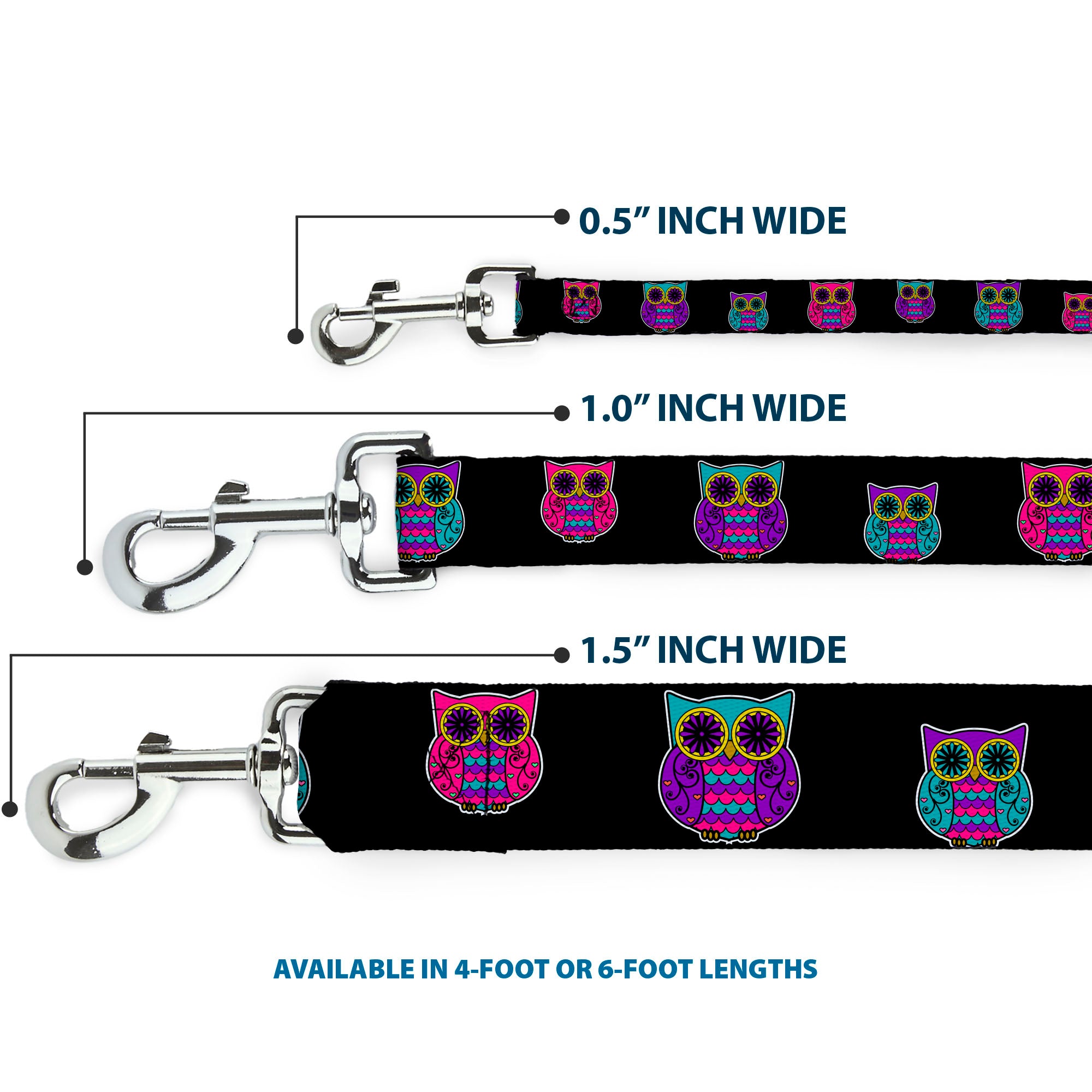 Dog Leash - Owls Black/Fuchsia/Purple/Turquoise Dog Leashes Buckle-Down